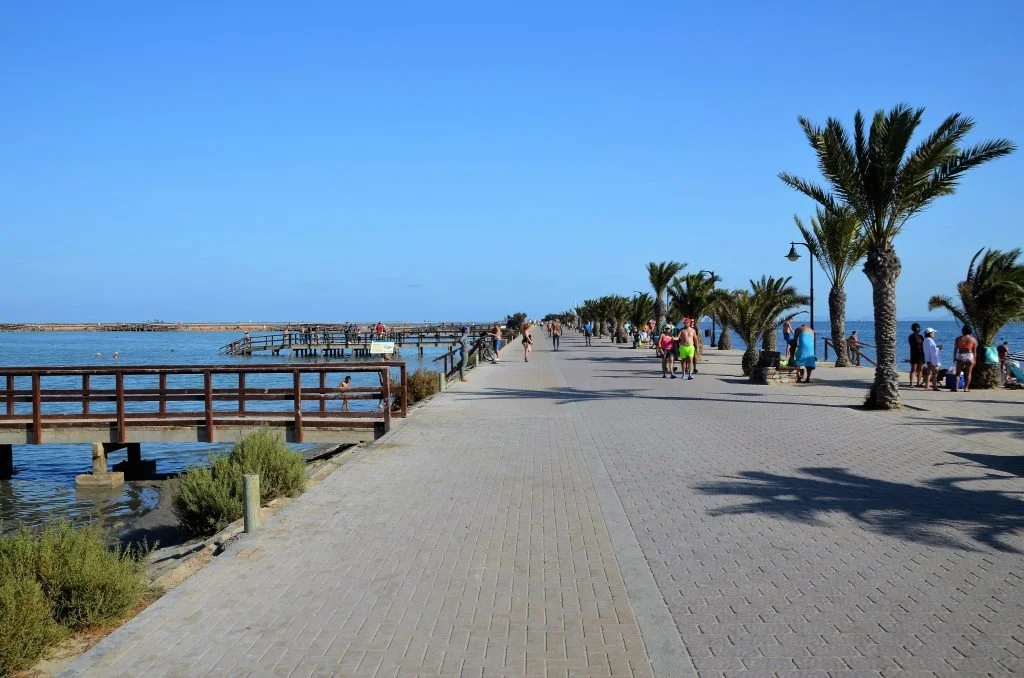 Beachfront walkway with palm trees, people walking, and wooden piers over water, under a clear blue sky.