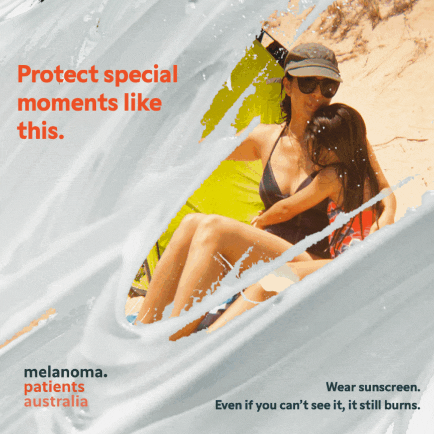 A woman and a girl sitting on a beach under an umbrella, with a message about protecting special moments and skin protection from the sun.