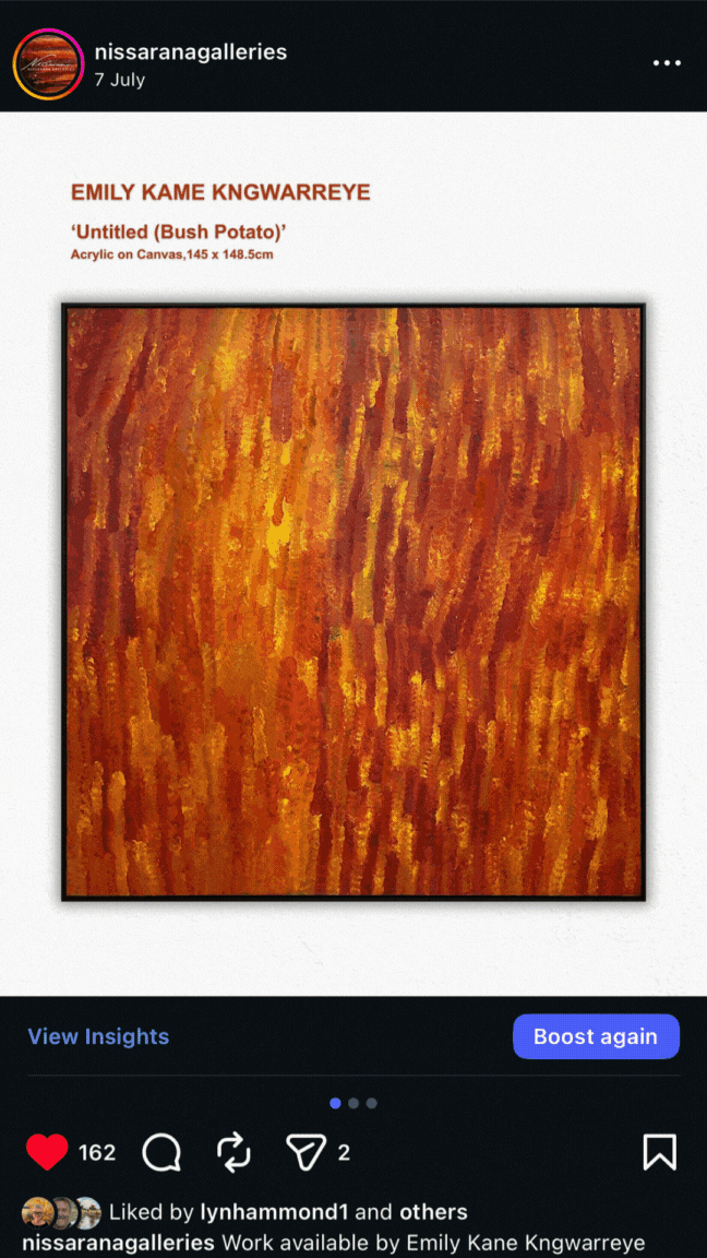 Abstract painting titled 'Untitled (Bush Potato)' by Emily Kame Kngwarreye, acrylic on canvas with a mix of red, orange, yellow, and earthy tones.