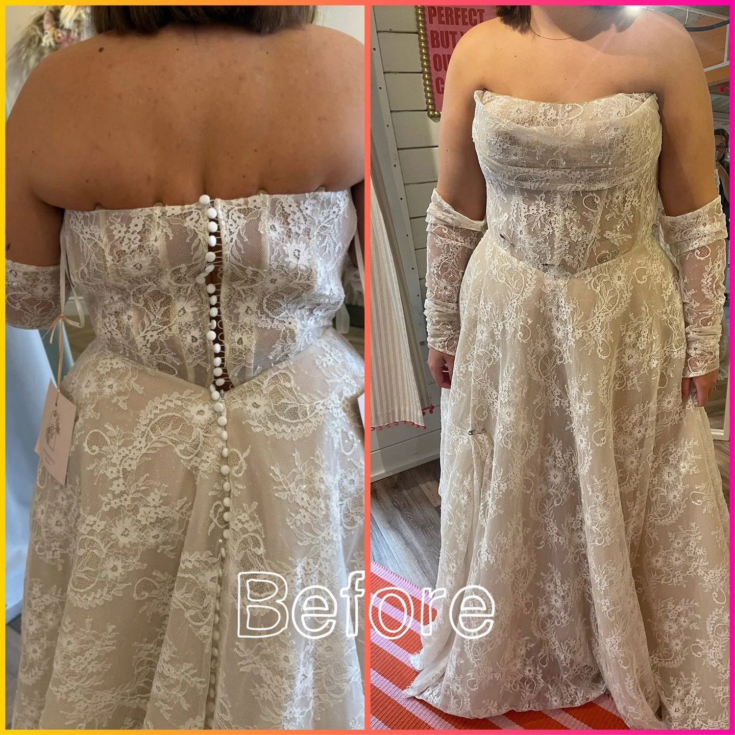 ✨Why are bridal alterations so important? ✨

Even if your dress is ordered in your size, bridal sizing is a whole different world🌍 Everyone&rsquo;s body is unique and the right alterations make all the difference! 🪡 
For this lovely bride, I shorte