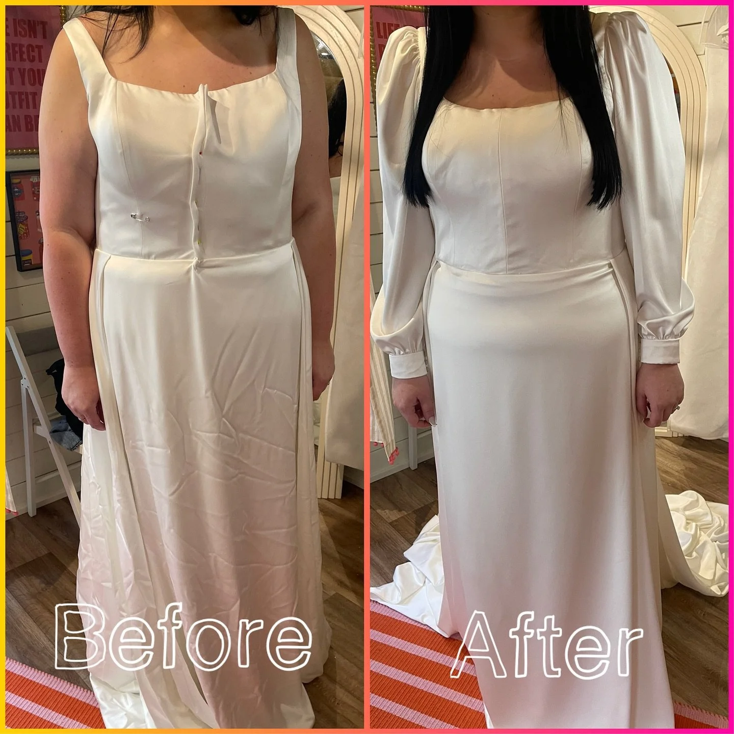 This beautiful wedding dress was taken in two full sizes and transformed with custom satin sleeves for a timeless, romantic finish. There&rsquo;s nothing more rewarding than tailoring a dress to fit perfectly and feel uniquely yours ✨🪡

#bridalseams