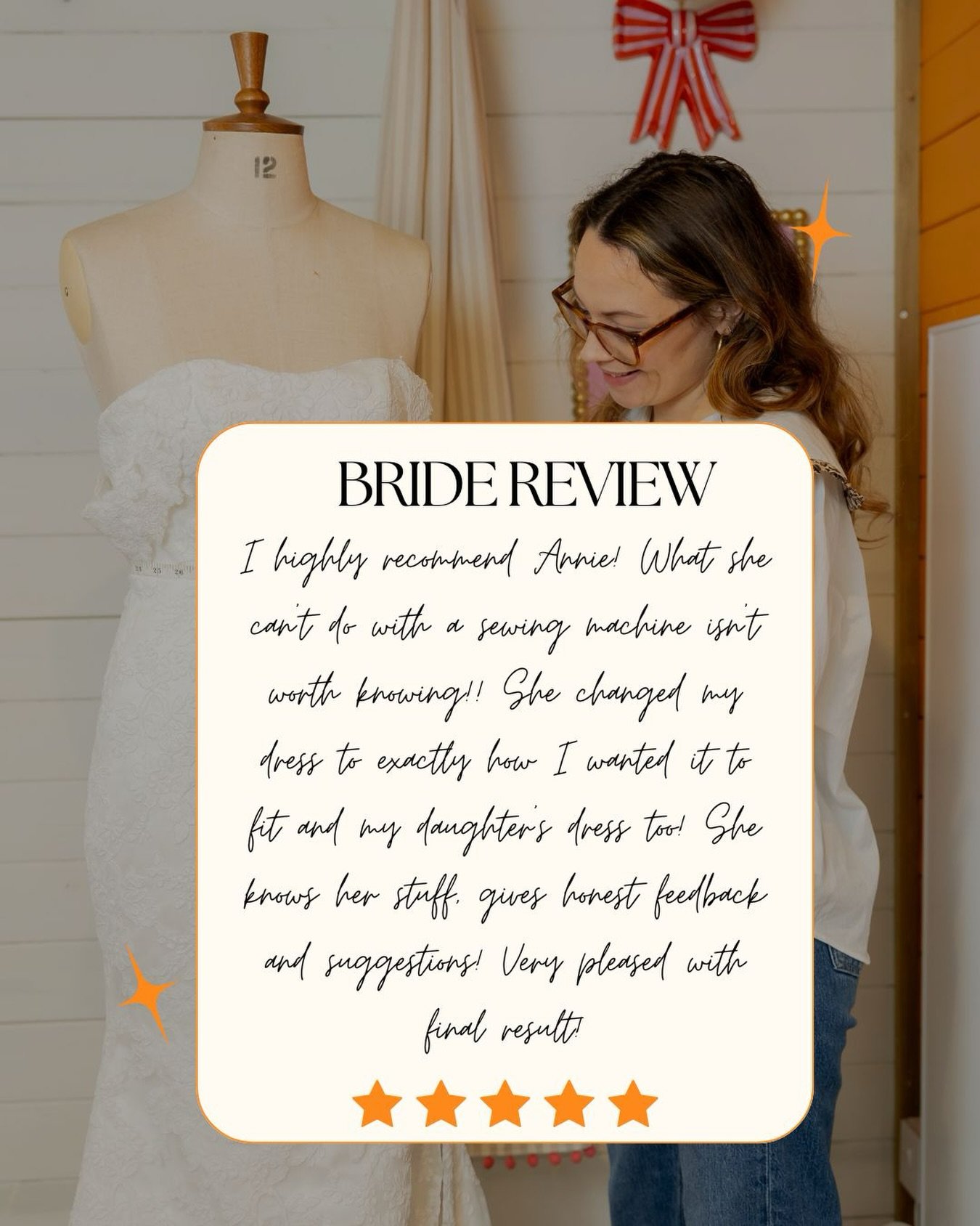 Brides like you make what I do so special 🪡🧡 Your kind words mean more than you know and it&rsquo;s always a pleasure to be apart of your wedding day journey. From the first fitting to the collection, I pour my heart into making sure your gown fits