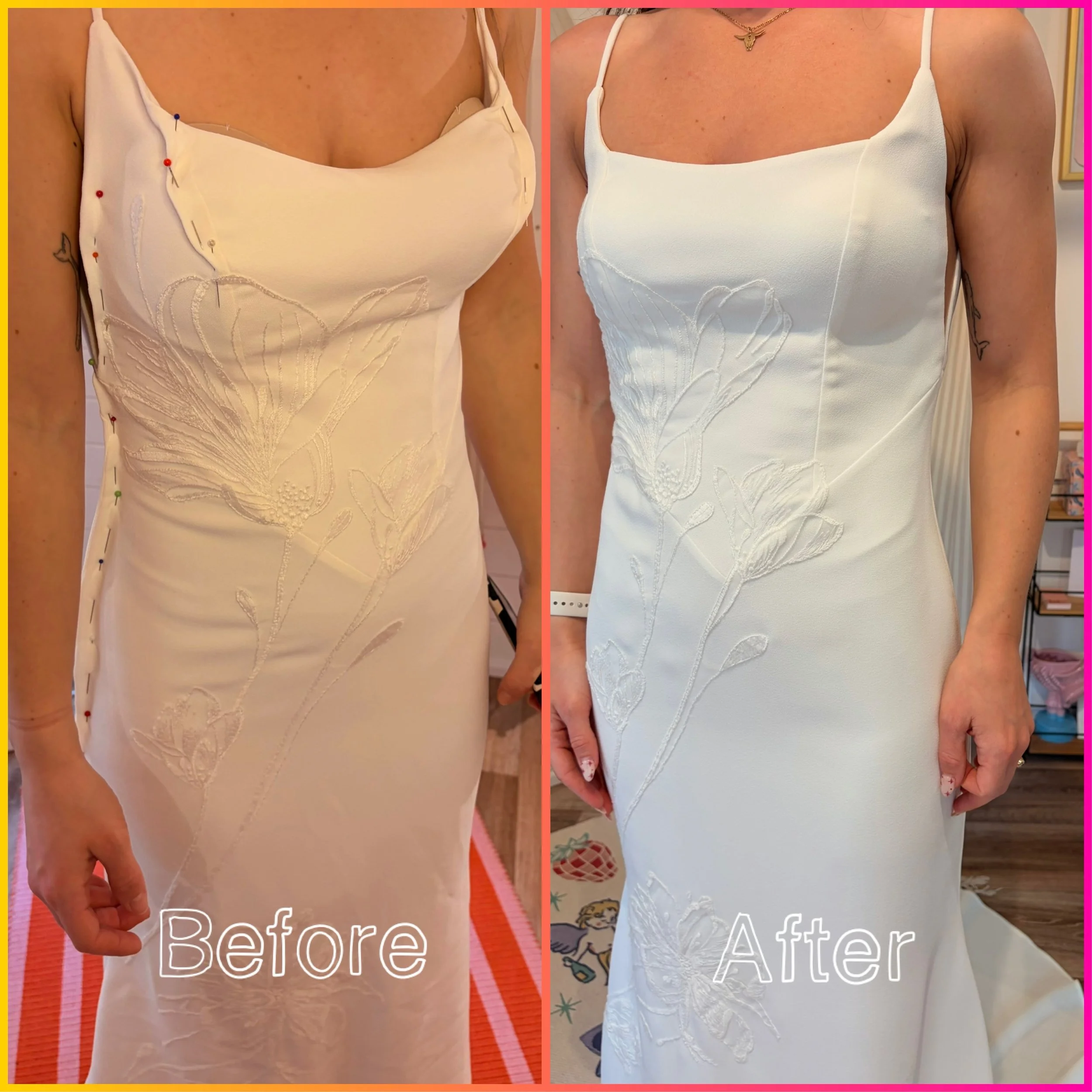 This beautiful dress was all about achieving the perfect fit and deciding where to take it in became the real challenge. This is because when making alterations, you never want to pull the neckline or straps out of alignment, so every adjustment has 