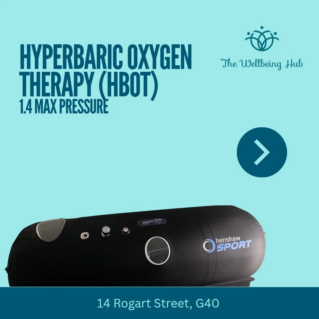 Information about hyperbaric oxygen therapy (HBOT) equipment from The Wellbeing Hub, including the device with controls and branding, and the address 14 Rogart Street, G40.