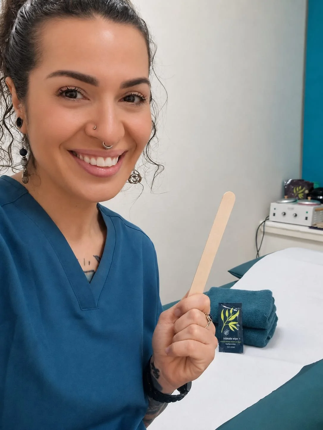 Smiling woman in blue scrubs holding a wooden tongue depressor, standing in a medical examination room with supplies on a counter.