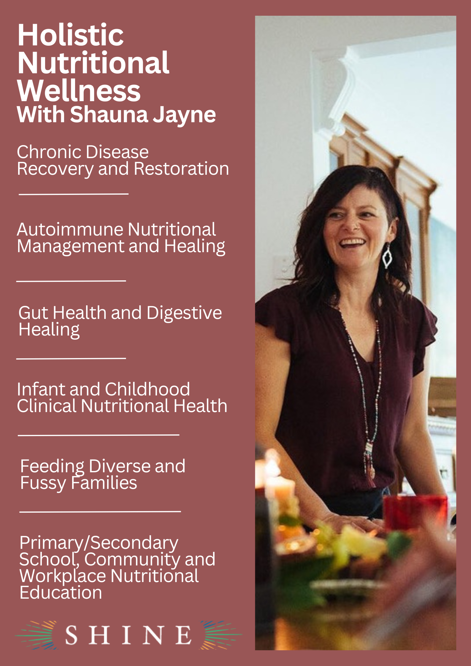 A woman with dark hair and earrings smiling in a room with a window, next to a list of topics related to holistic nutritional wellness and the word 'SHINE' at the bottom.