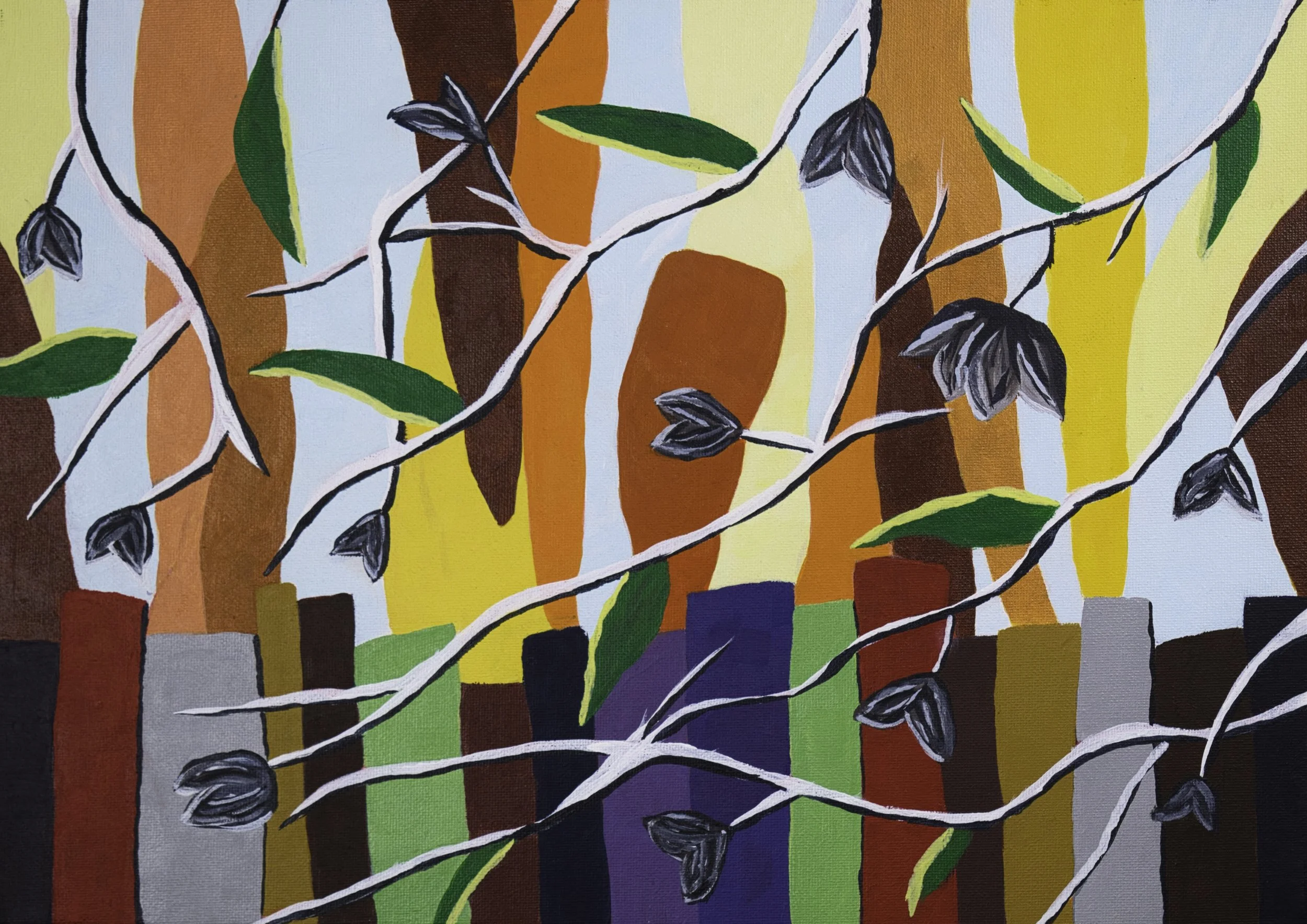 A collection of branches and leaves amongst a harmonic range of tone