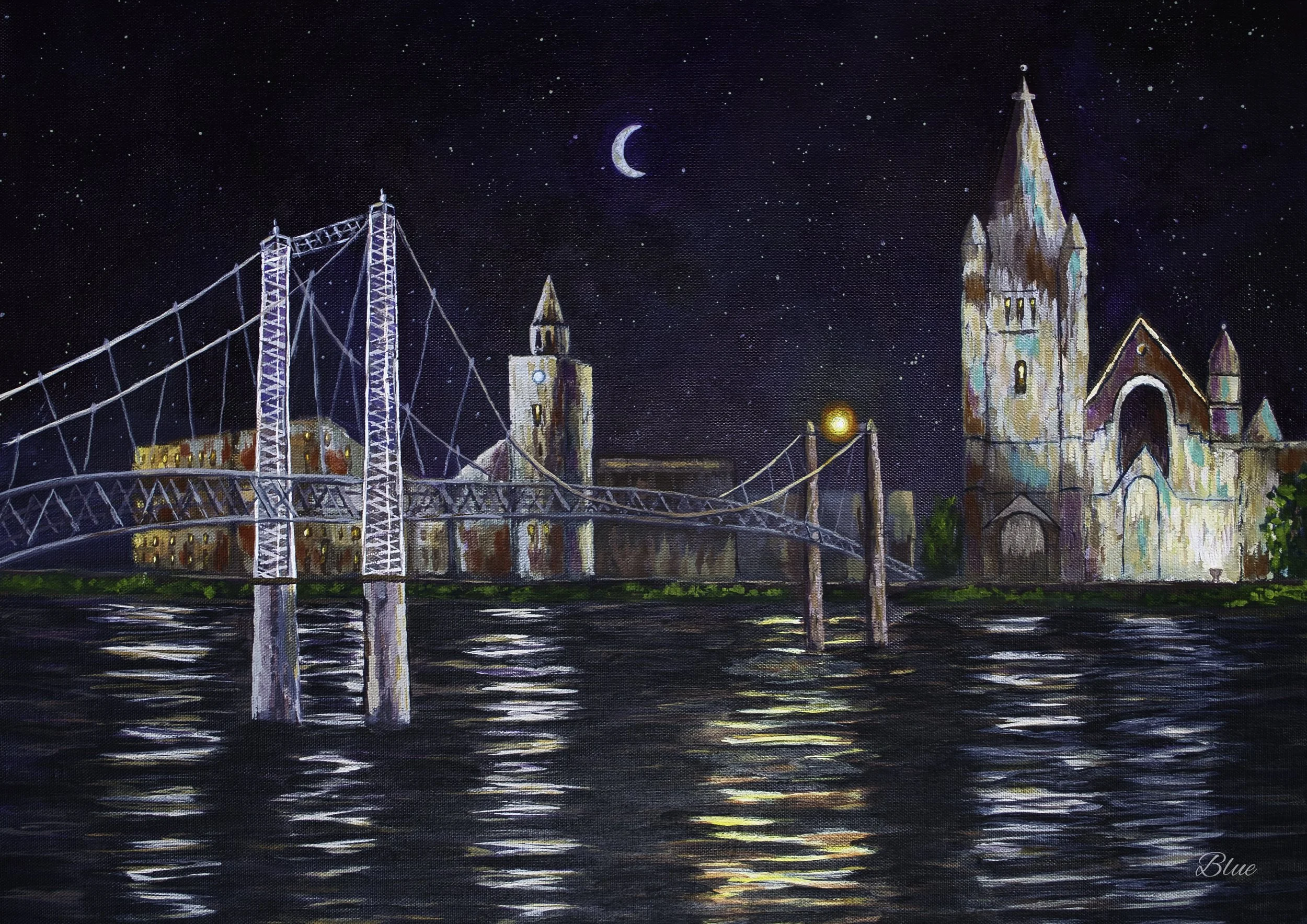 An artwork showing the Inveness Bridge at night amidst the stars.