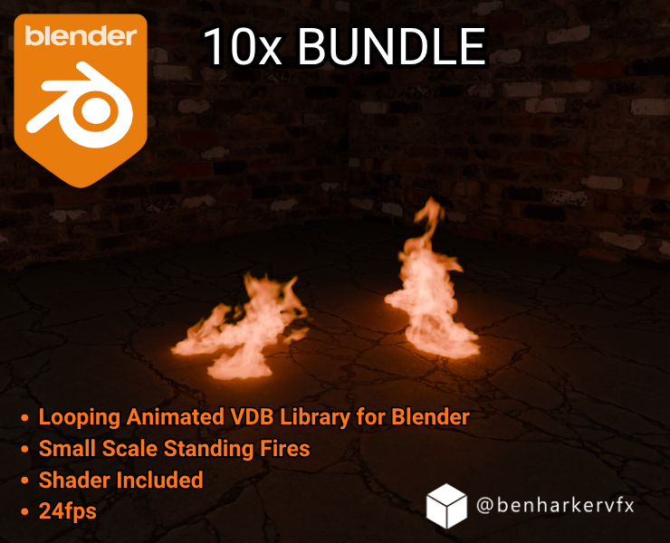 Promotional image for a 10-pack bundle of small standing flames and looping animated fire effects for Blender, showing two animated fire flames on a cracked floor against a brick wall background.