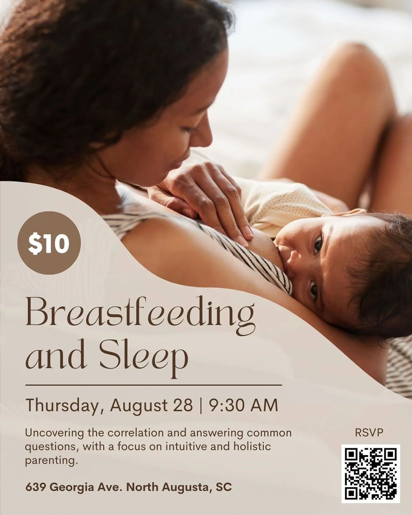 Mom + Me classes kick off this Thursday! In honor of National Breastfeeding Month we&rsquo;ll be talking about breastfeeding, sleep, and how they&rsquo;re beautifully intertwined. Bring your babies and your questions! 

Screenshot to follow the QR co