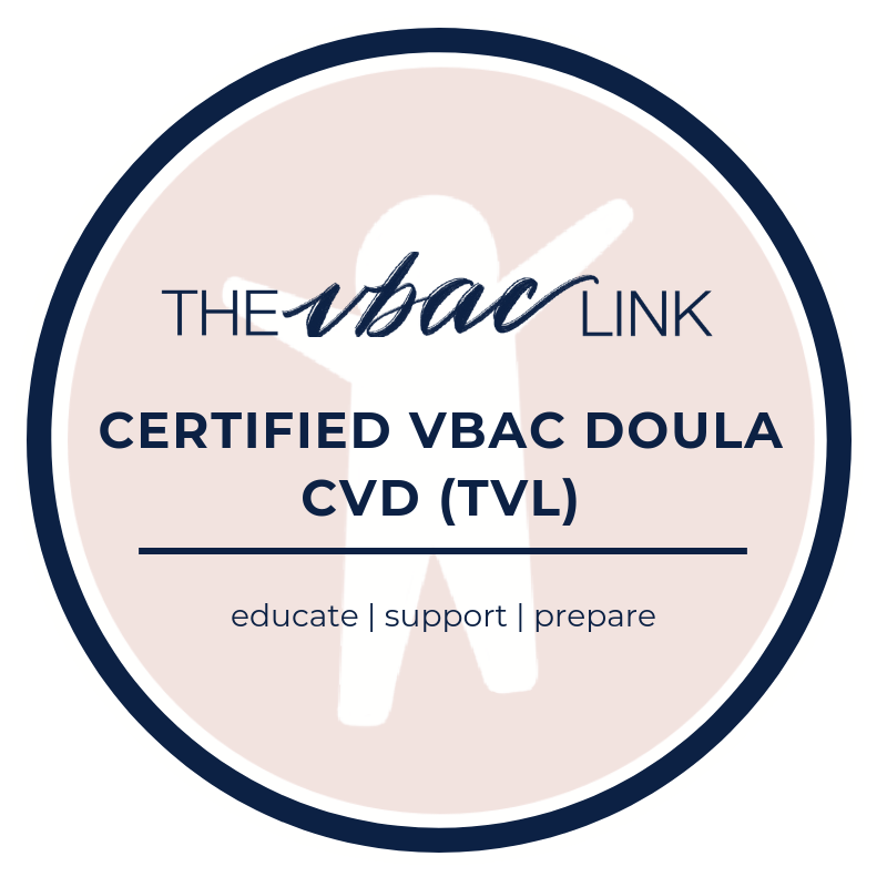 Circular logo for The VBAC Link, featuring a stylized figure and text that reads 'Certified VBAC Doula, CVD (TVL)' with the words 'educate | support | prepare' below.