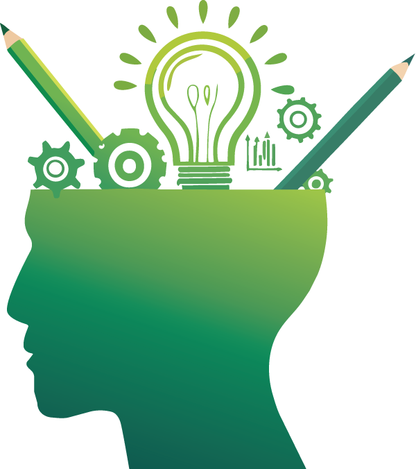 Easy read icon showing a side profile of a head with ideas, pencils and creative gears coming out of it