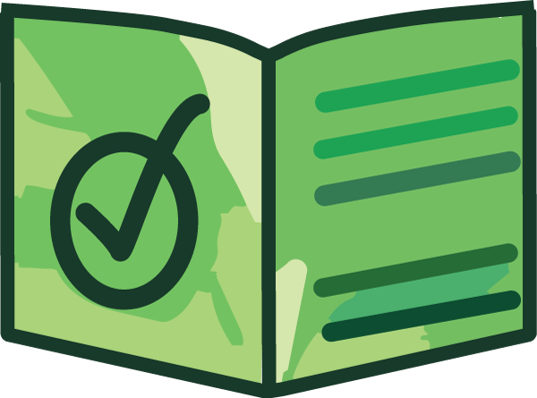 Easy read icon showing a book cover with a tick in a circle