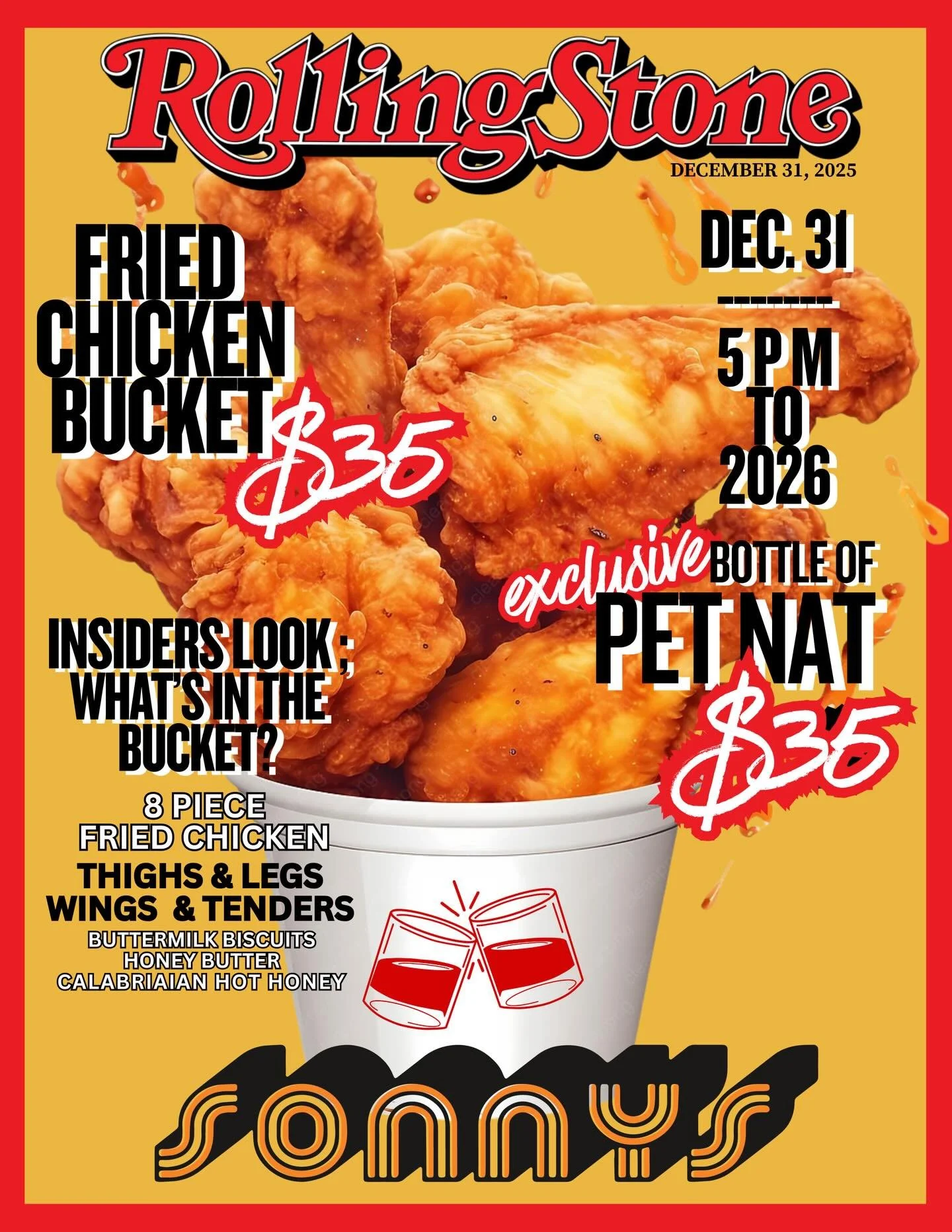 🐔12.31. No tix, no rez, just come as you are.
🌜We&rsquo;re riding into Midnight with the kind of good vibes found only on an Allman Brothers album.
⭐️Starting at 5PM we&rsquo;re rockin in the New Year with southern fried chicken &amp; pet nats. 
✨C