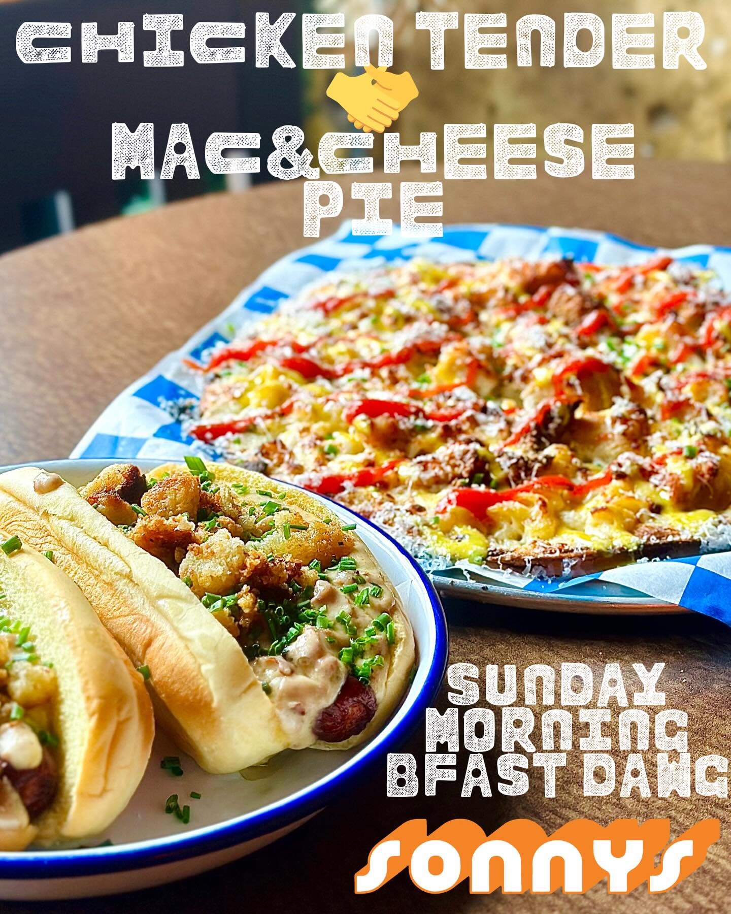 Here&rsquo;s the pie. 
Tenders, Cooper Sharp Mac, Mozz, Honey Mustard, Ketchup &amp; Chives. 

The Dawg&hellip;
Sausage Gravy, Buttermilk Biscuit, Roasted Scallion, Chive on a Hot Dog Crispy Style.