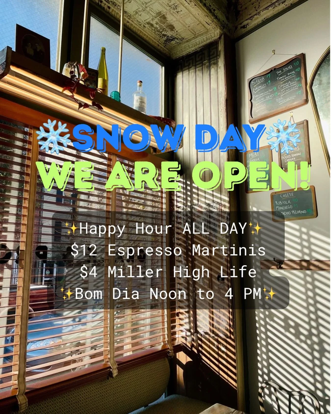 ❄️Sunday 1/25❄️ All Day Happy Hour! + $12 espresso martinis &amp; $4 Miller High Life!
🏈We&rsquo;ll have the AFC&amp;NFC championship games on!🏈

&amp; maybe a snowball fight? Anyone? 👀