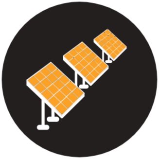 Three tilted solar panels on a black circular background.