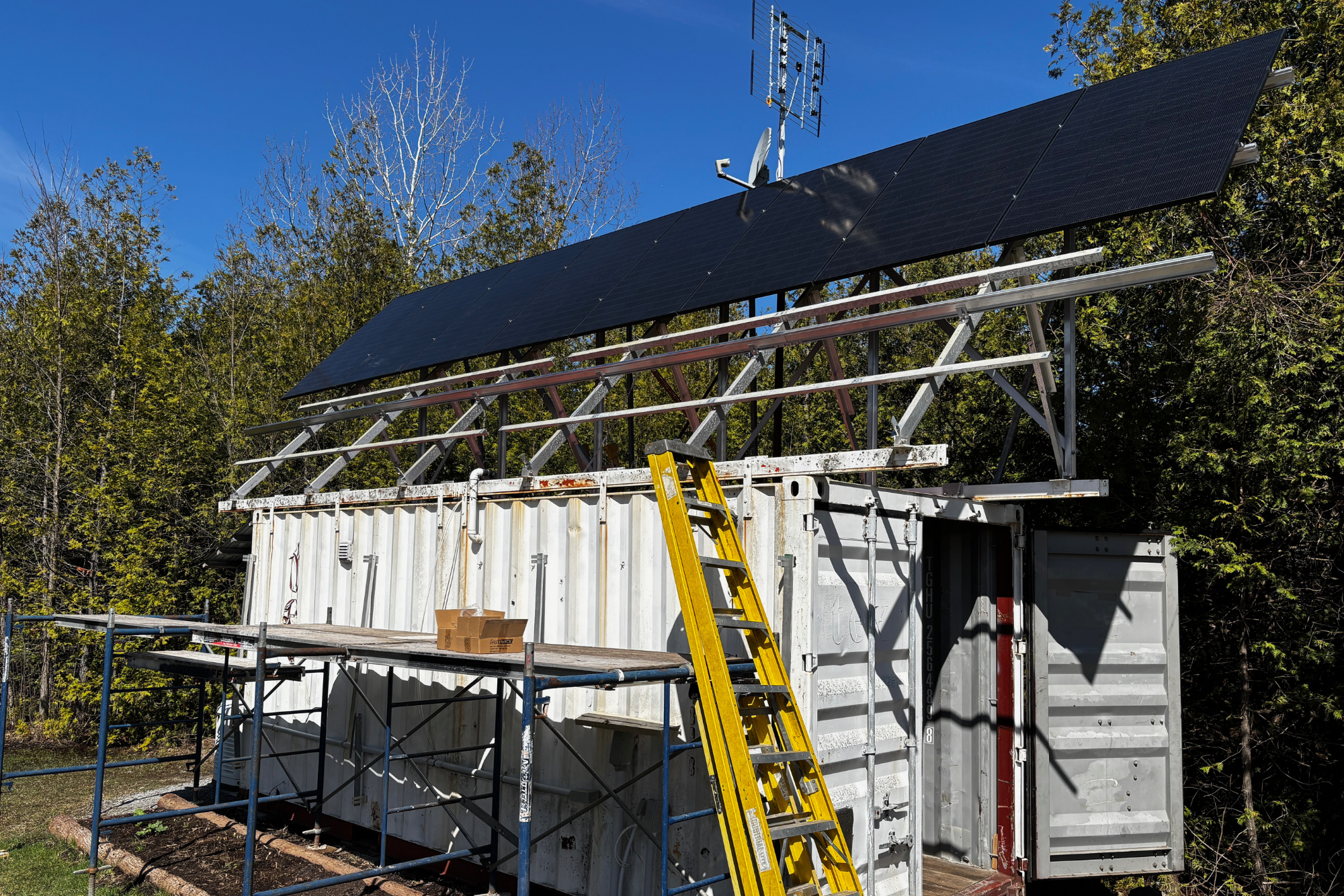During the installation phase of the off-grid system upgrade.
Our team prepared the ground-mounted structure and panel layout to support increased solar production and long-term reliability.