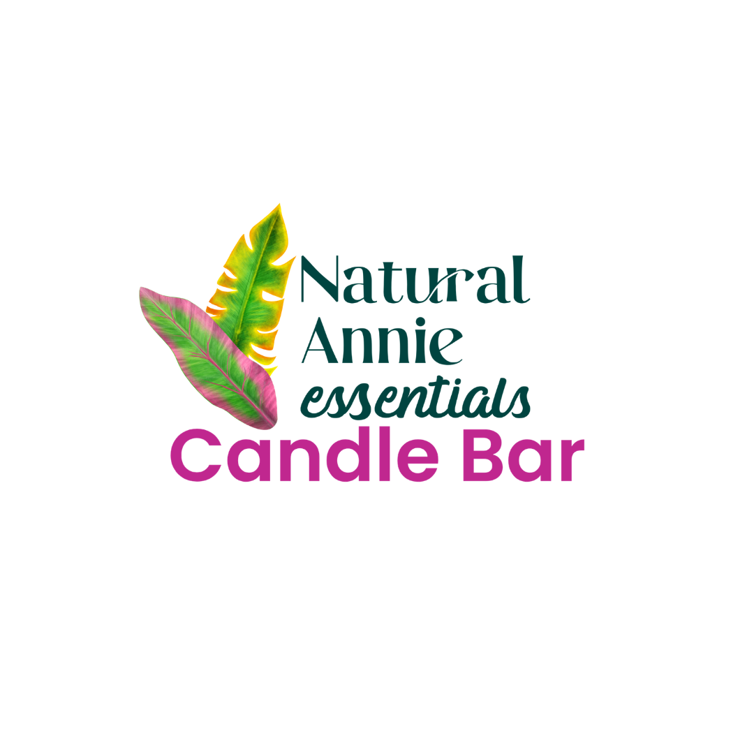 Logo for Natural Annie Essentials Candle Bar featuring green and pink tropical leaves and text in black, purple, and dark green.