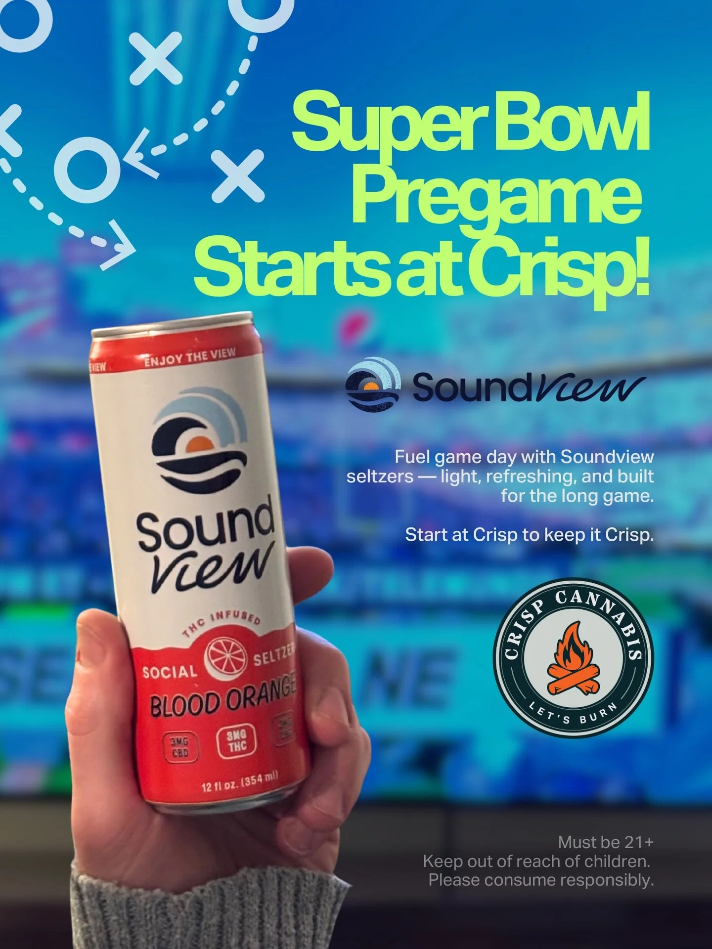 Super Bowl pregame starts at Crisp 🏈🔥
Skip the hangover and keep it light with Soundview THC Seltzers &mdash; refreshing, social, and built for the full game day lineup. Whether you&rsquo;re hosting, heading to a party, or just kicking back for kic