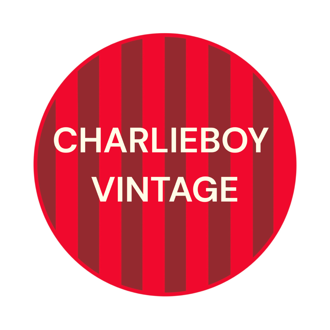 Red and dark red striped circular logo with white text reading "CHARLIEBOY VINTAGE"