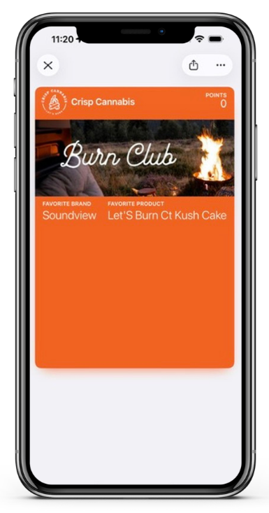 Mobile app screen showing a Burn Club with a background photo of a bonfire outdoors. Text indicates the user is part of the Crisp Cannabis Burn Club, with points at 0. The favorite brand is Soundview, and the favorite product is Let's Burn Ct Kush Cake.