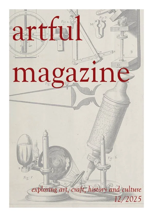 Cover of Artful Magazine with scientific and artistic illustrations in the background, and the title "artful magazine" in red text.