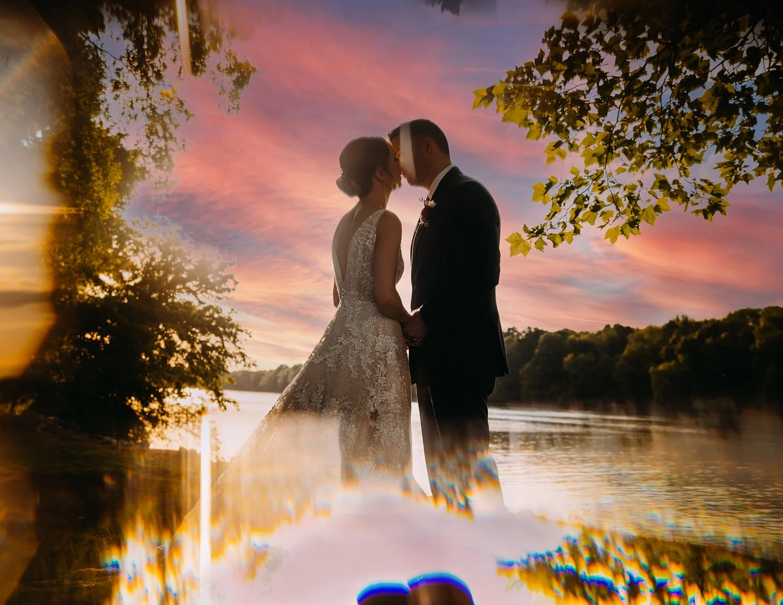bride and groom kissing during sunset photos richmond va
