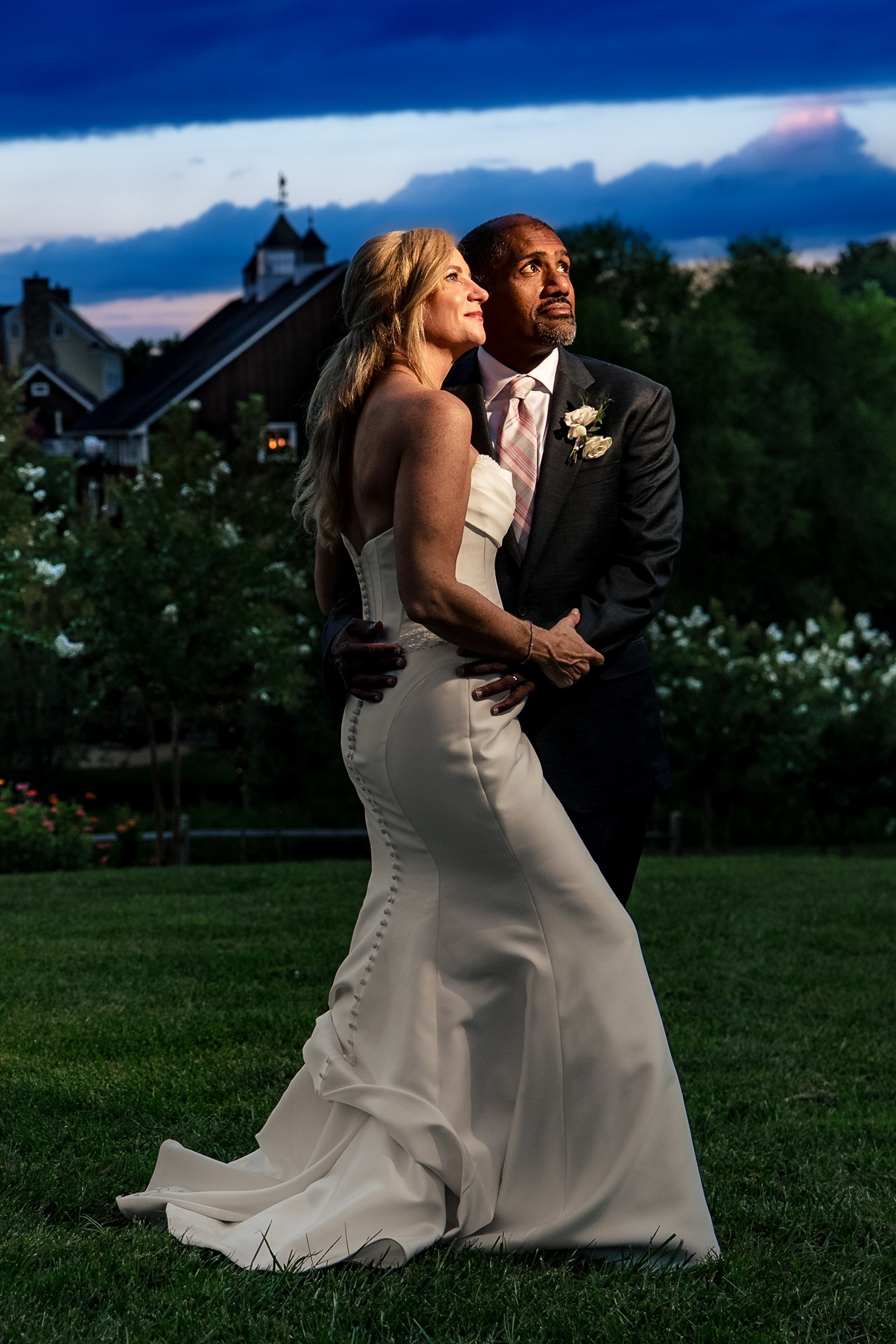 bride and groom sunset portrait