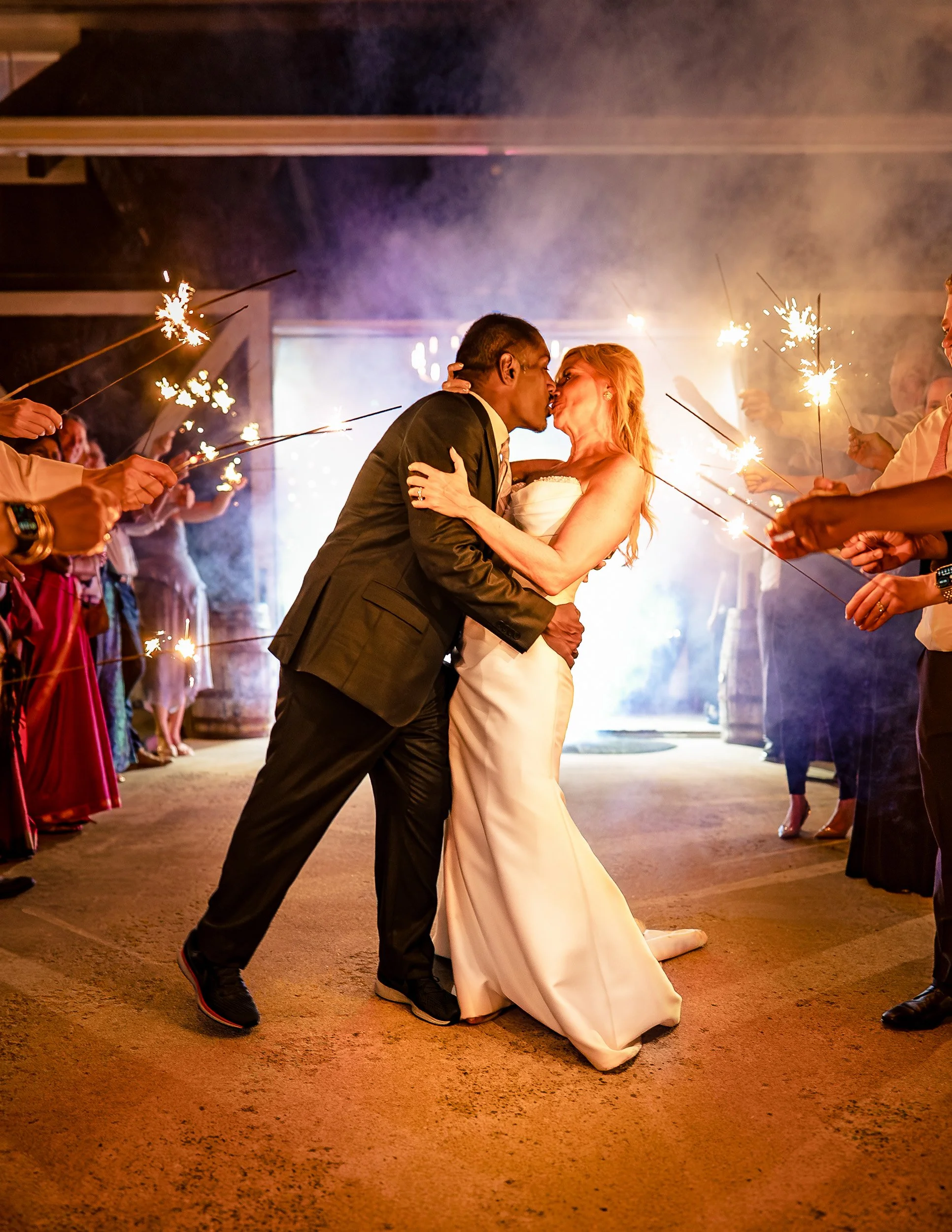 bride and groom sparkler exit dip