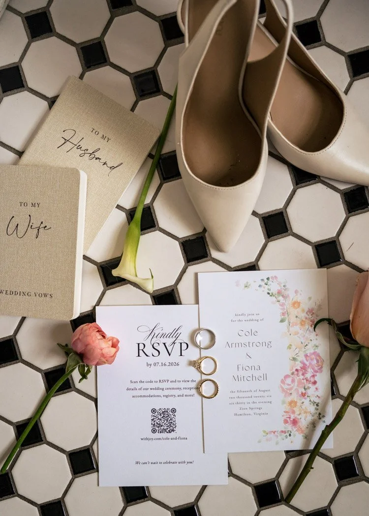 Wedding invitation, rings, shoes, and floral details from Fiona and Cole’s Manassas, Virginia wedding.`