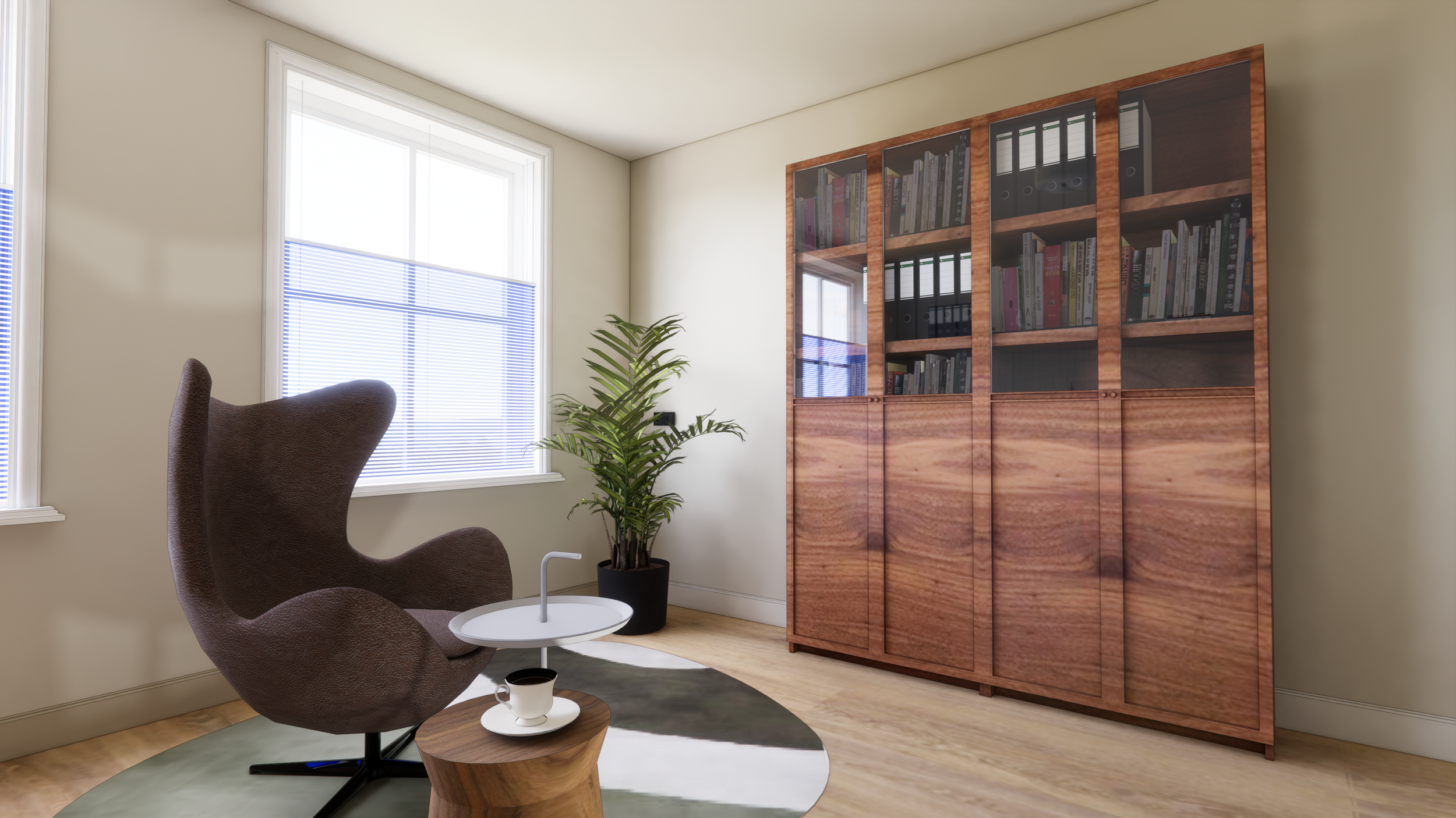 A cozy reading nook with a modern brown armchair, a round side table with a cup, a tall plant in a black pot, and a large wooden bookshelf with glass doors filled with books, in a room with light-colored walls and hardwood floors.