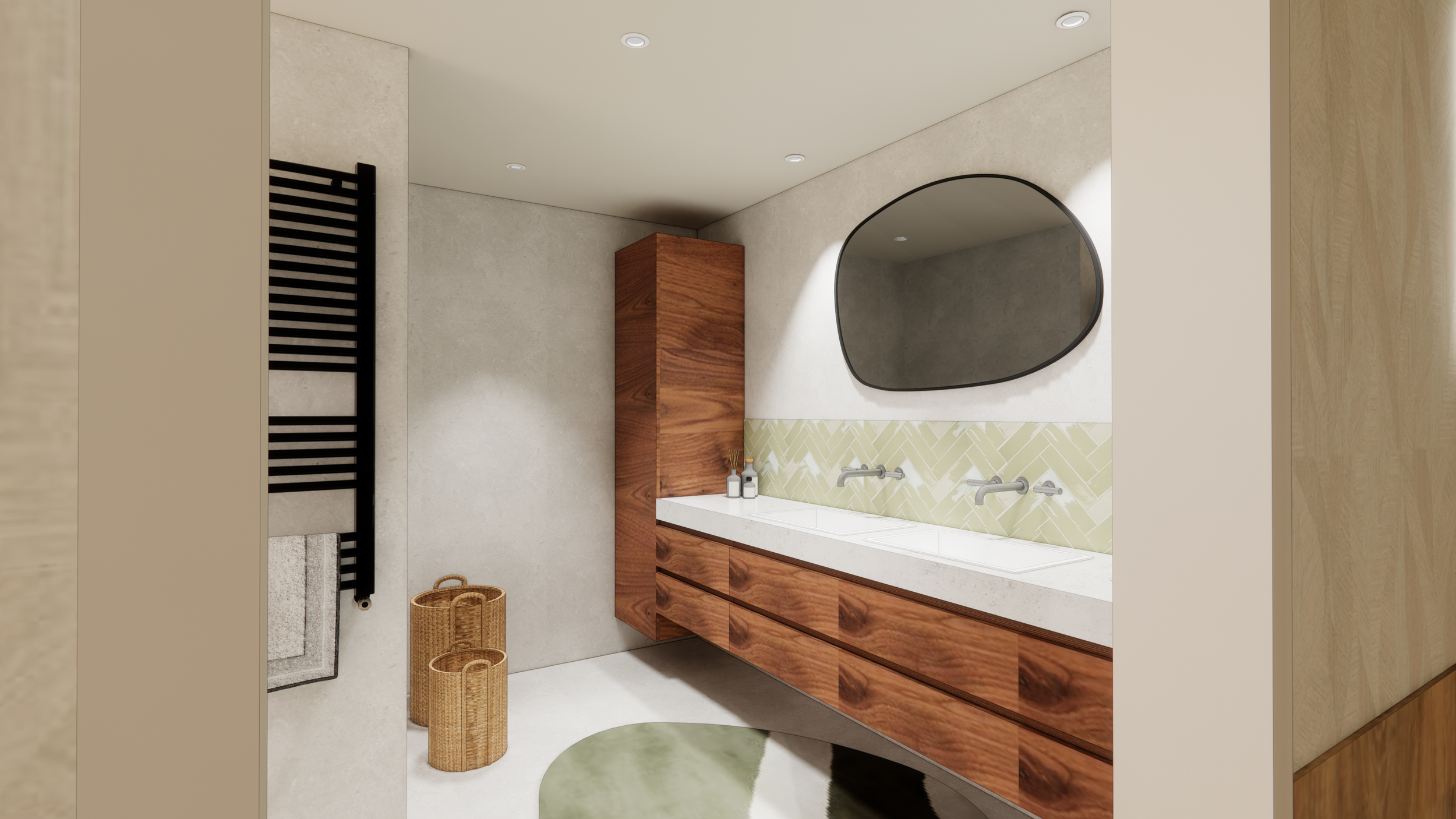 Modern bathroom with double sink vanity, large mirror, beige cabinetry, black towel warmer, wicker baskets, and a colorful oval rug.