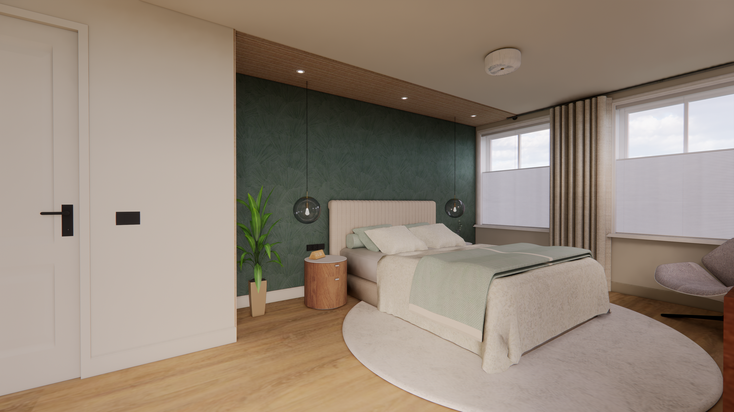 A modern bedroom with a white bed, green accent wall, hanging pendant lights, wooden side table, potted plant, large windows with blinds and curtains, and an office chair.
