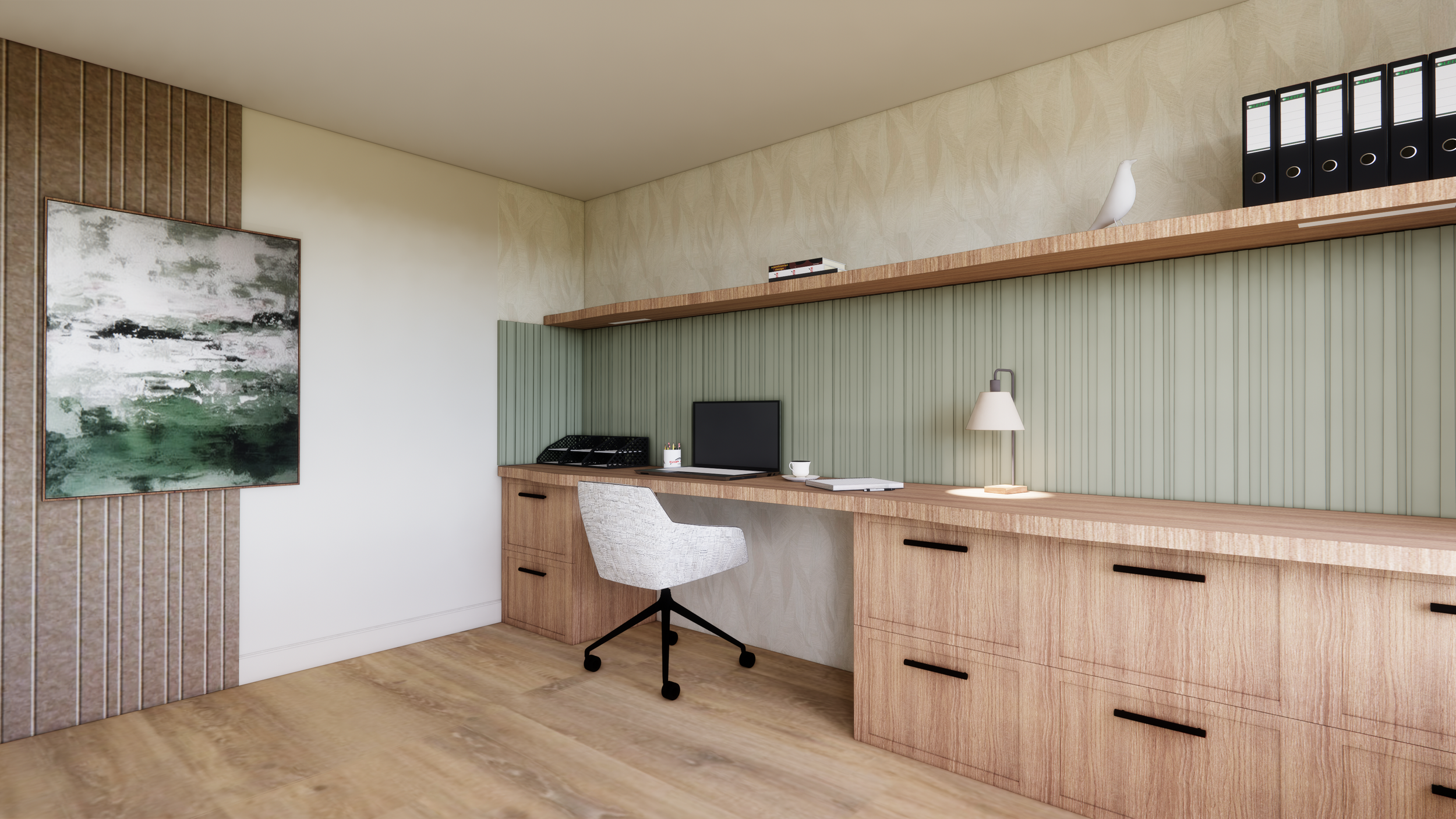 Modern office workspace with wooden desk, desktop computer, white swivel chair, desk lamp, and shelves with binders and decorative bird figurine