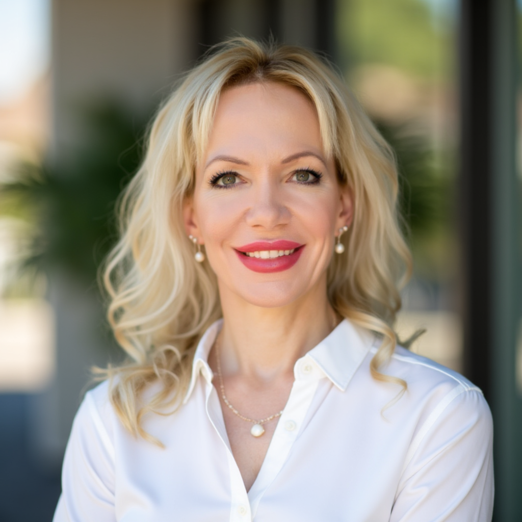 A woman with blonde, wavy hair wearing a white blouse and pearl jewelry, standing outdoors with blurred greenery and building background.