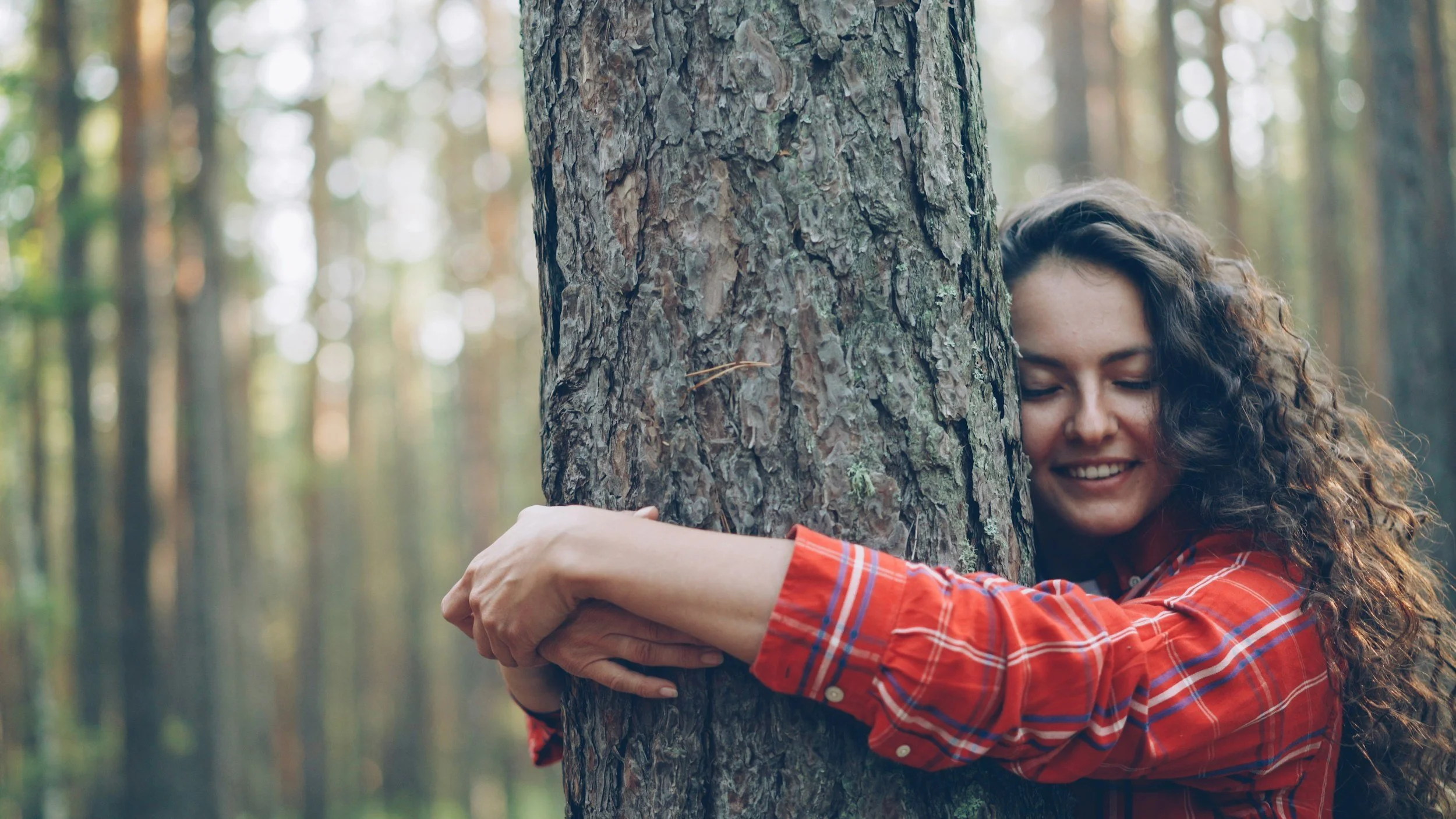 Woman embracing tree in forest.
