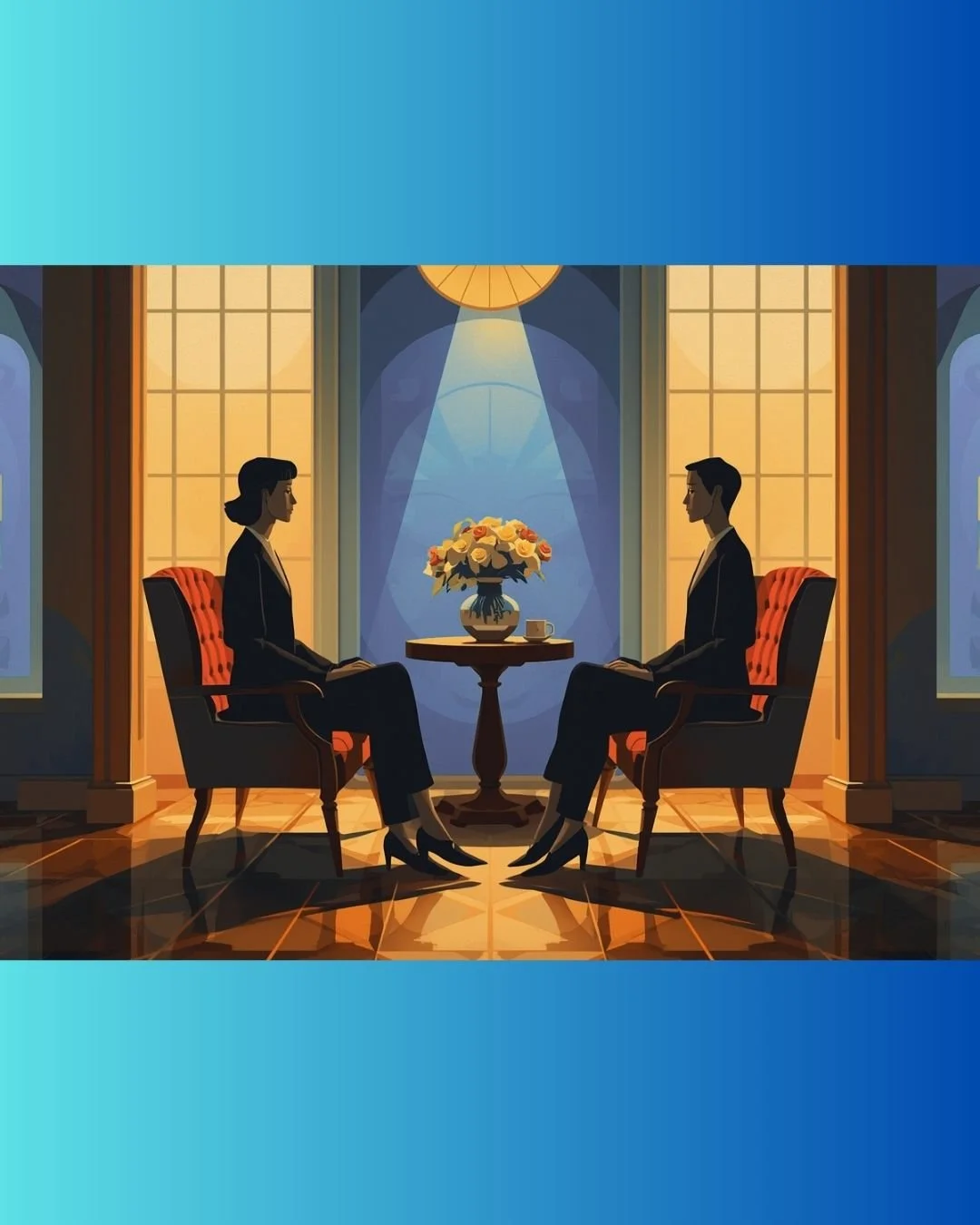 This image features a stylized, symmetrical illustration of two people engaged in a formal conversation. The artwork uses a warm color palette with sharp, clean lines and dramatic lighting.