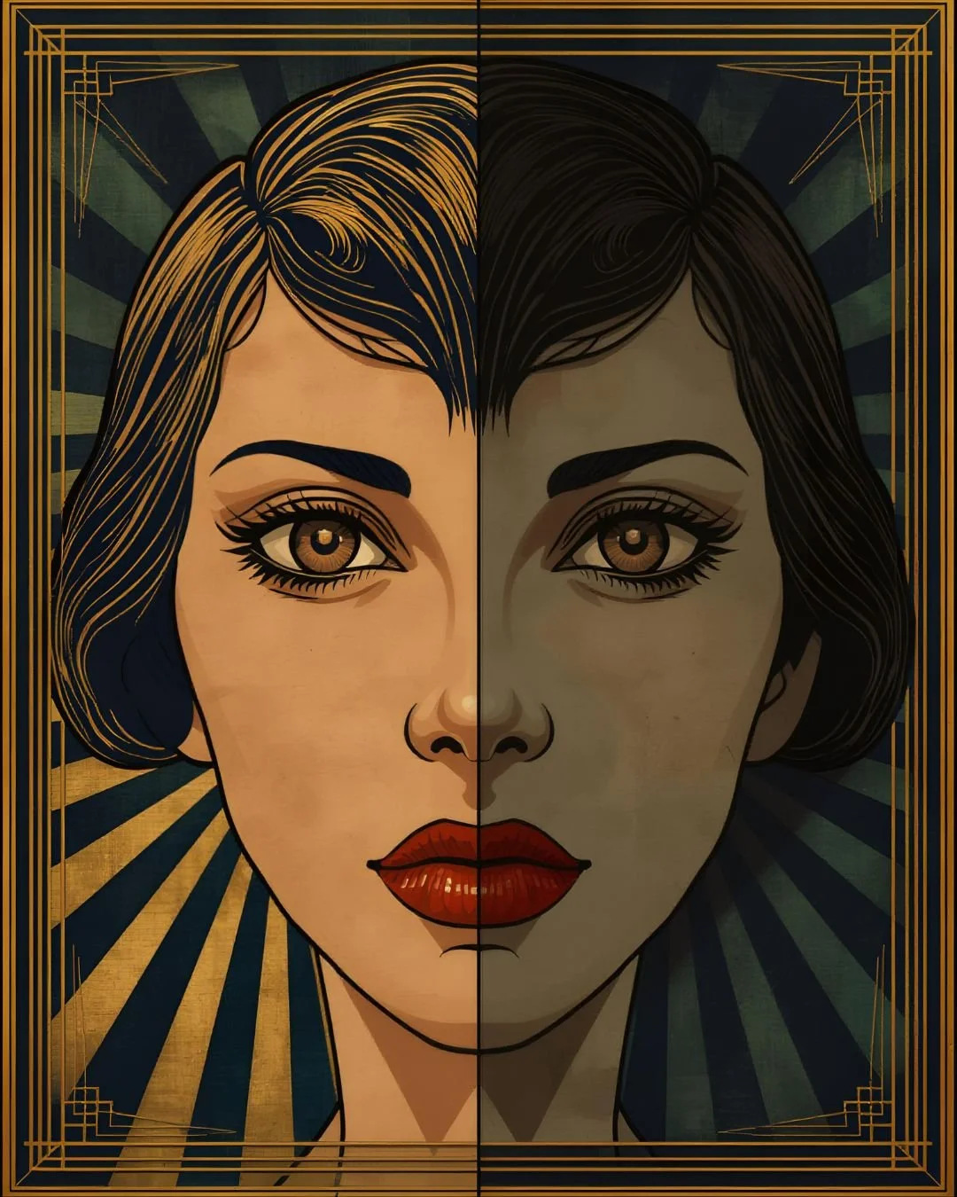 An illustration in an Art Deco style features a split-view portrait of a woman’s face, divided vertically down the center.