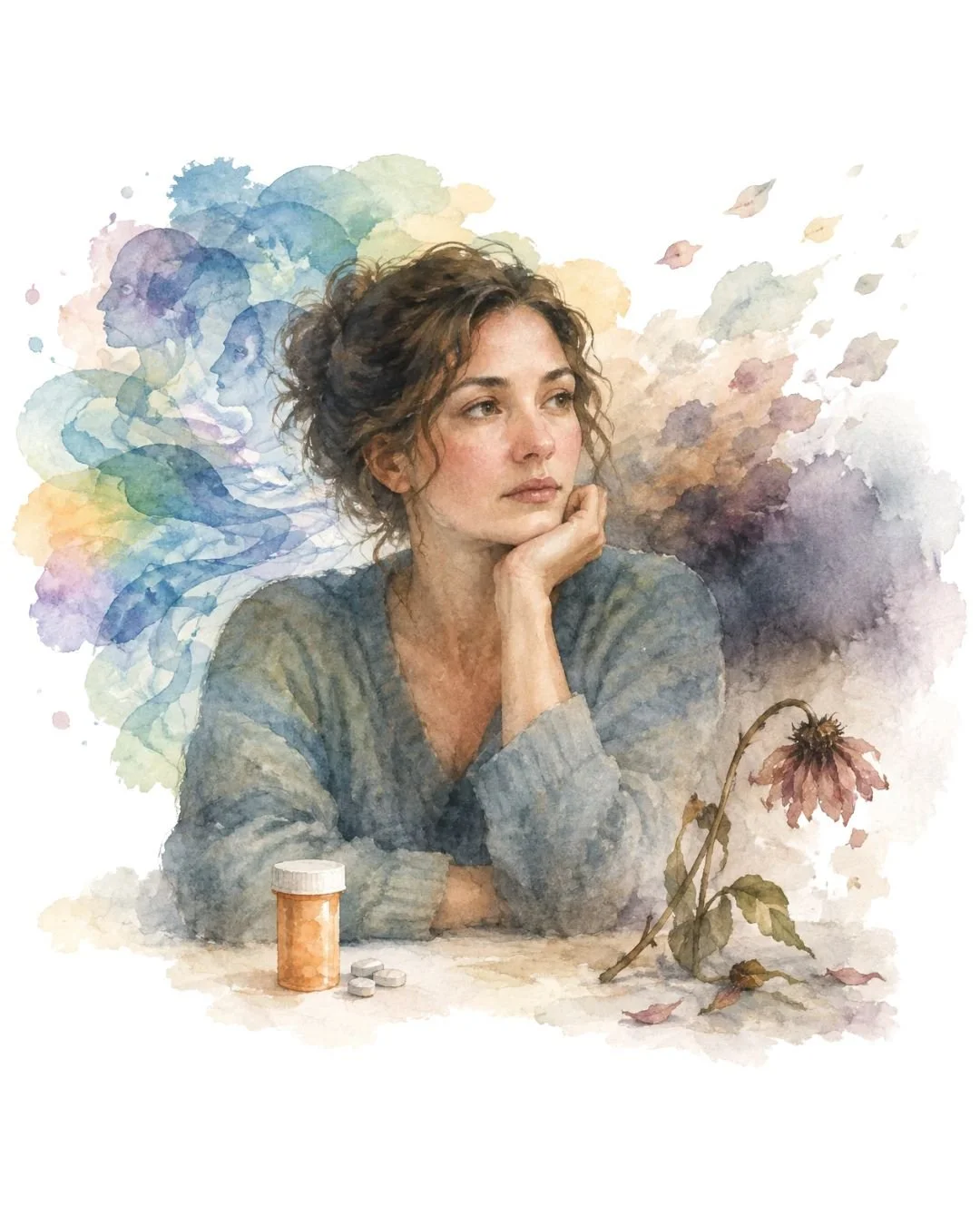 Watercolor painting of a thoughtful woman with brown hair resting her chin on her hand, wearing a blue cardigan.