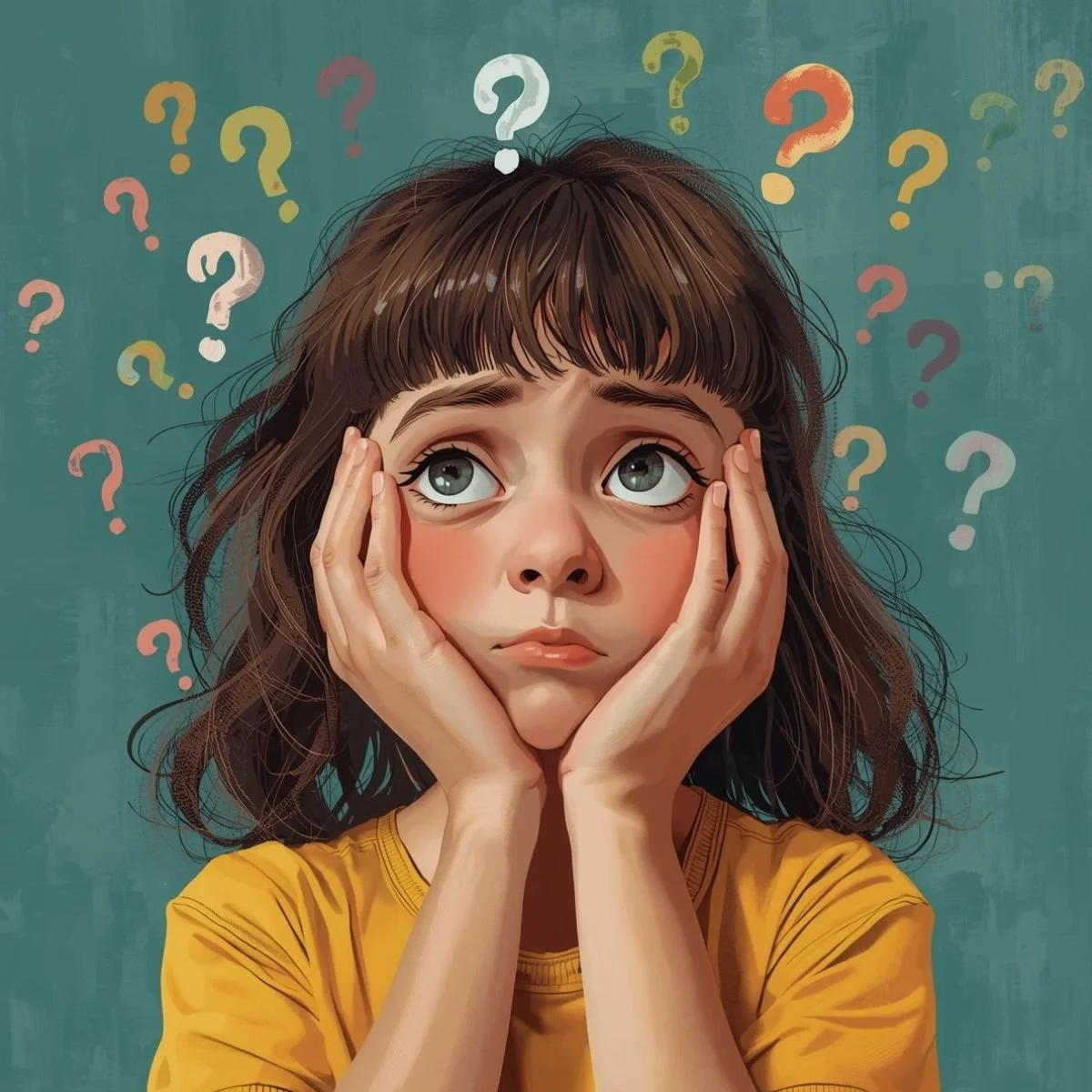 Illustrated portrait of a young girl with brown hair resting her face in her hands, looking upward with a worried and confused expression, surrounded by colorful question marks on a teal background, symbolizing emotional overwhelm and uncertainty.