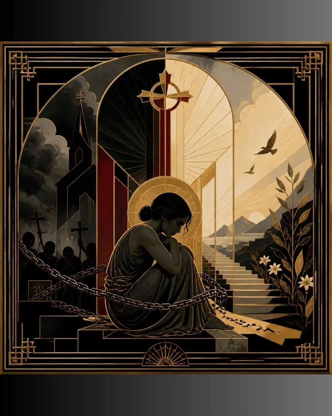 A stylized illustration of a woman sitting bowed in profile, bound in chains, positioned between a dark, stormy church on the left and a bright, sunlit landscape with stairs leading upward on the right.