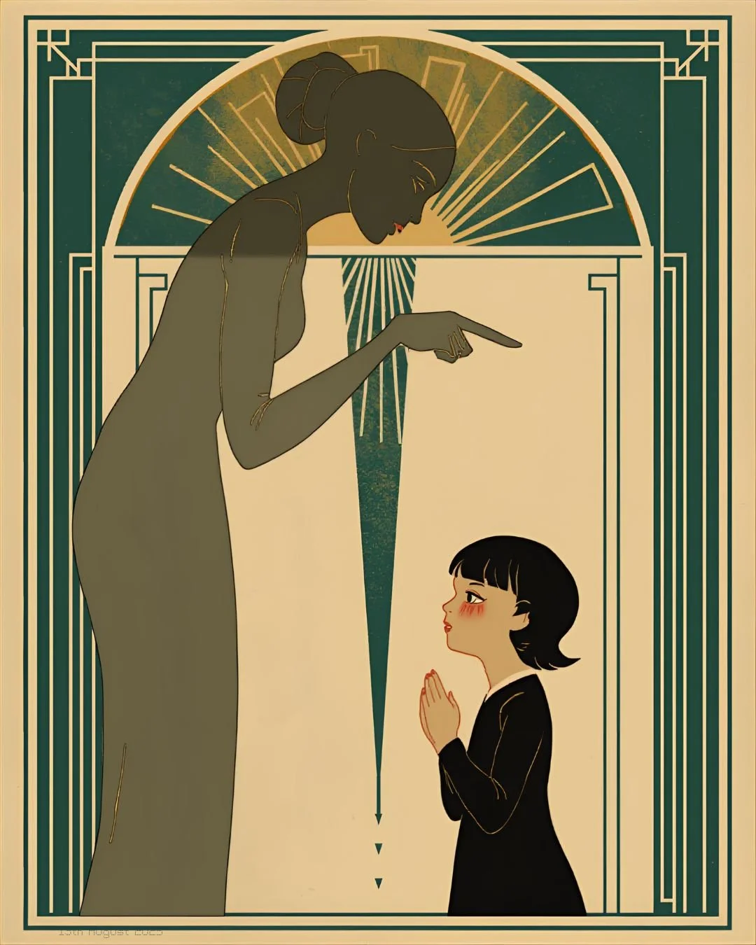 An Art Deco-style illustration depicts a tall, shadowy adult figure sternly pointing down at a small, pleading child within a geometric, emerald-green archway.