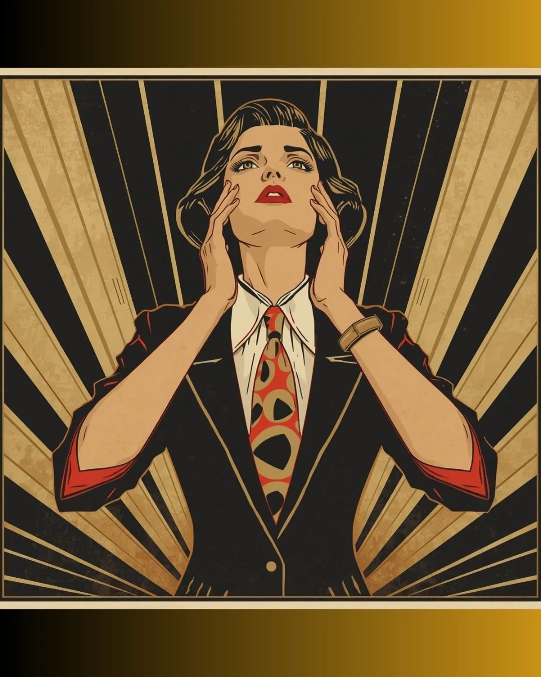 A woman in a vintage, comic-inspired art style gazes upward with an expression of overwhelmed realization, her hands framing her face against a dramatic backdrop of radiating gold and black sunburst lines.