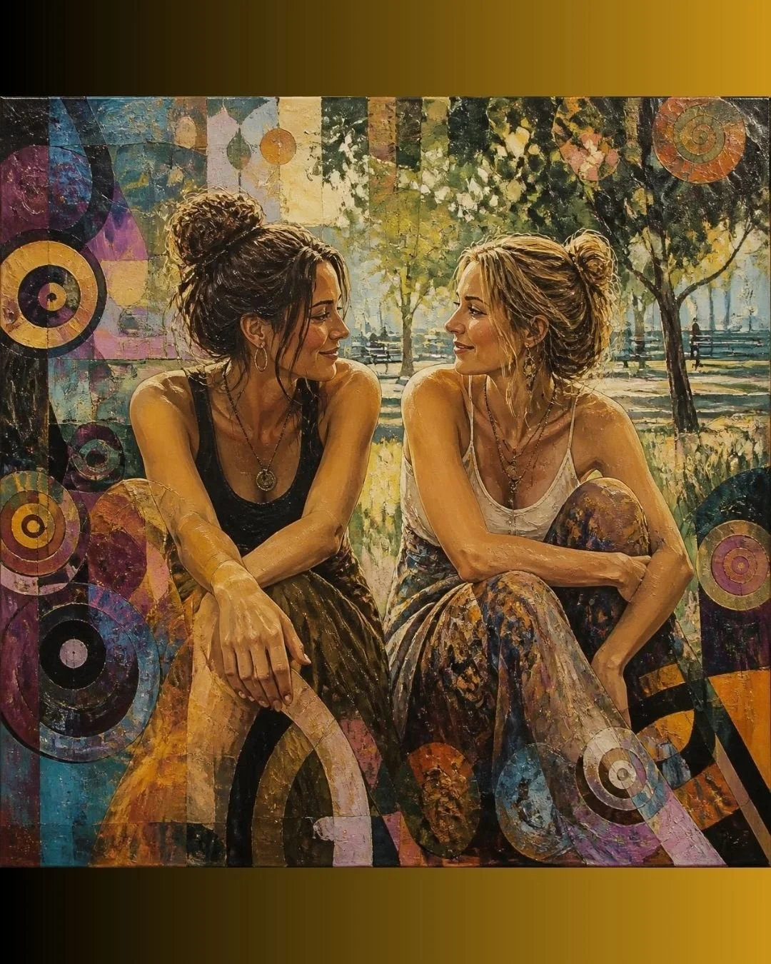Two women with their hair in buns sit side by side outdoors against a park background, smiling warmly at each other with colorful abstract circular patterns surrounding the edges of the artwork.