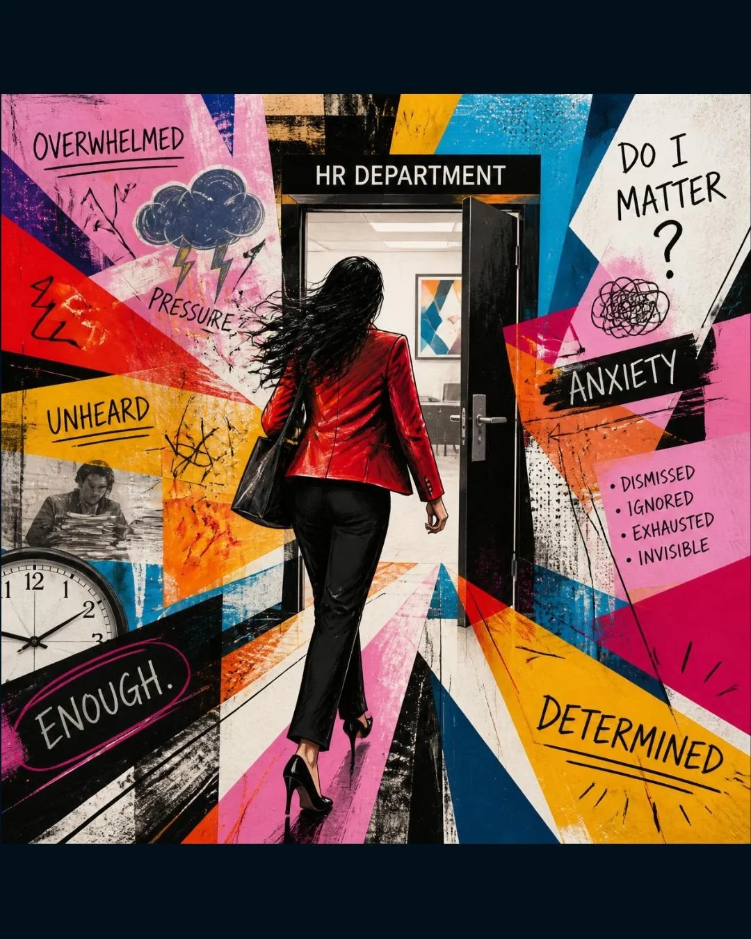 A woman in a red blazer and black pants walks toward an open door labeled "HR DEPARTMENT," surrounded by colorful abstract graphics and text labels like "OVERWHELMED," "PRESSURE," "ANXIETY," and "DETERMINED".