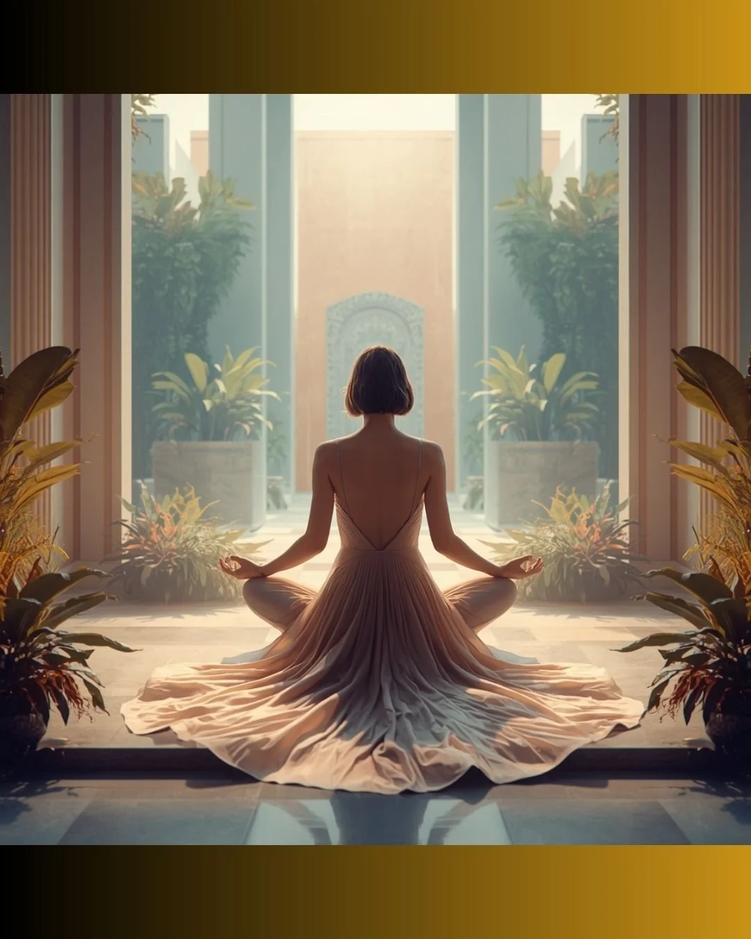 Woman meditating amidst plants. Lighting is soft.