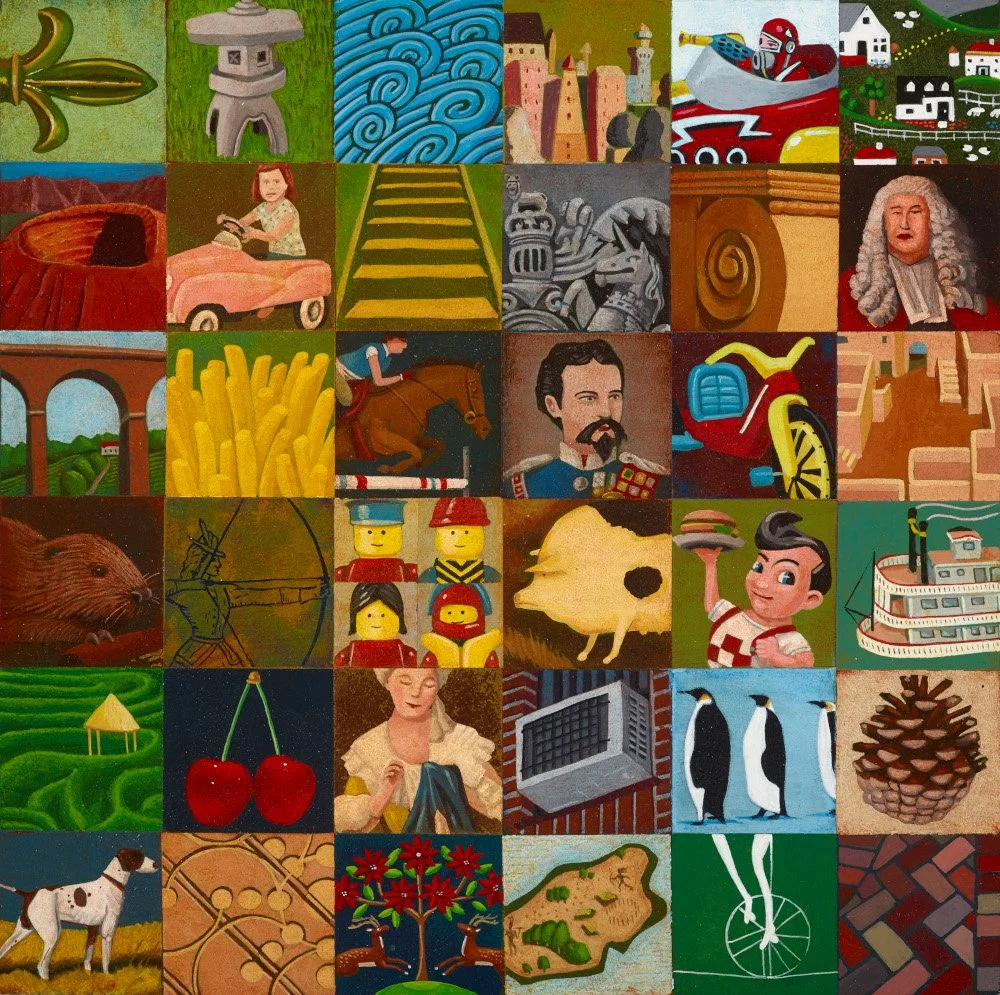 A colorful collage of various illustrations and paintings, including animals, landscapes, historical figures, and objects.