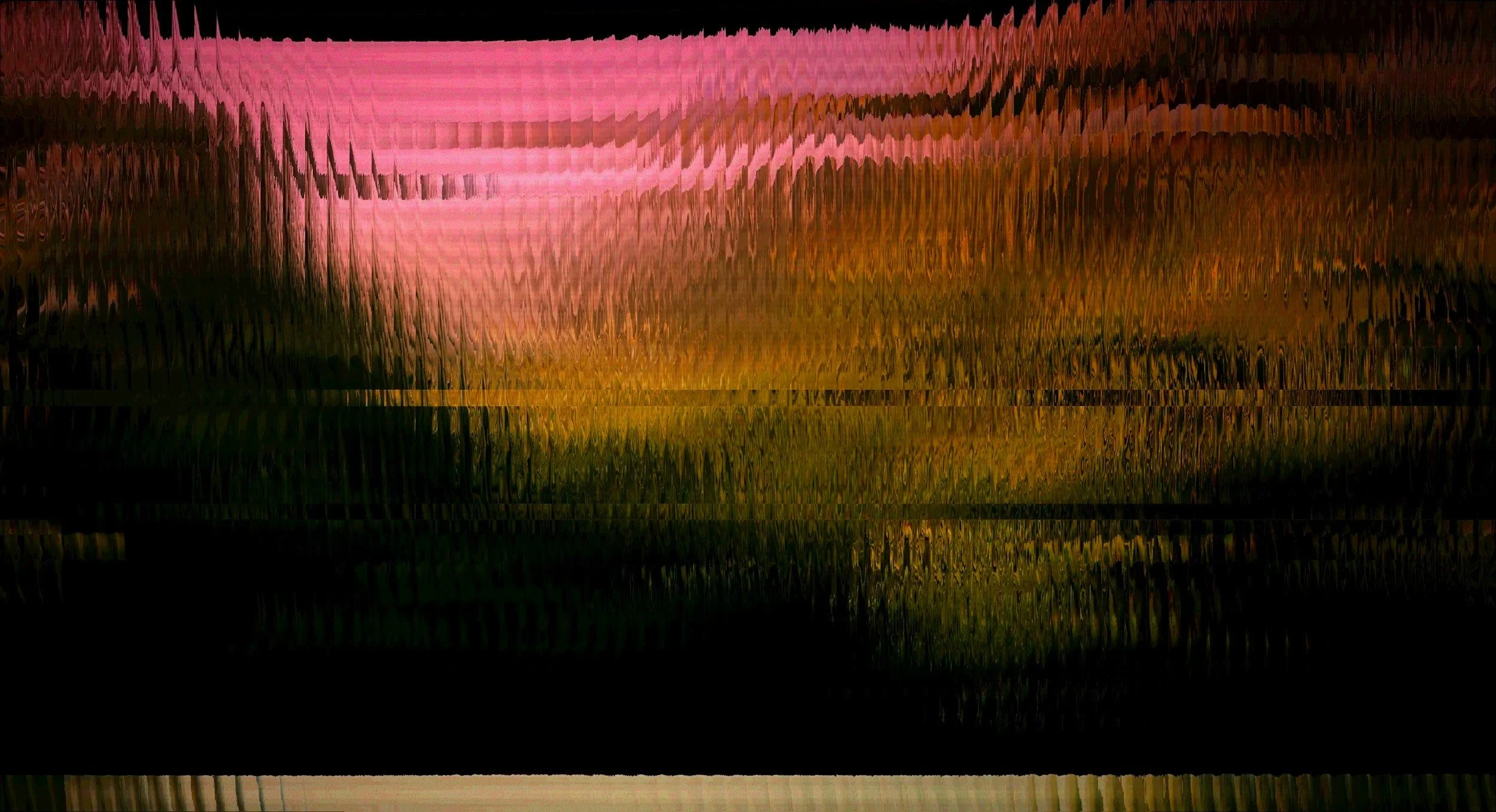 Abstract image with blurred horizontal bands of dark green, gold, and muted pink tones, creating a distorted visual effect that reflects mental overload and collective trauma.