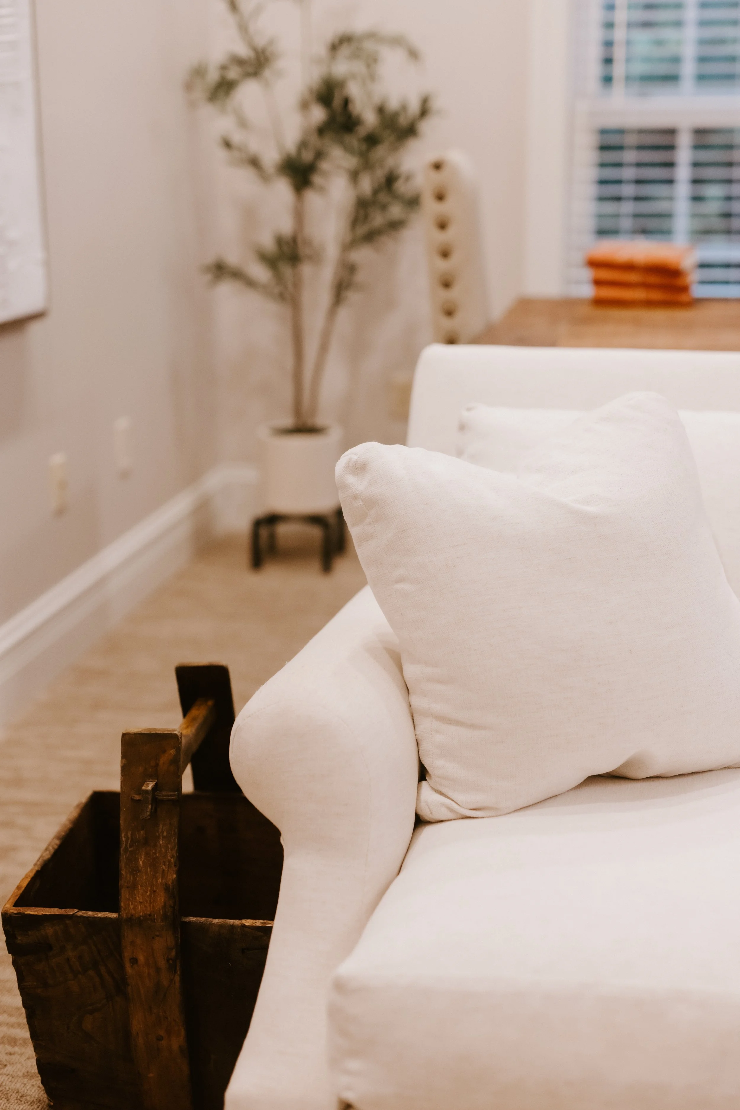 Close-up of a white sofa with pillows in a living room, with a wooden crate nearby, a potted plant in the background, and a window with blinds.